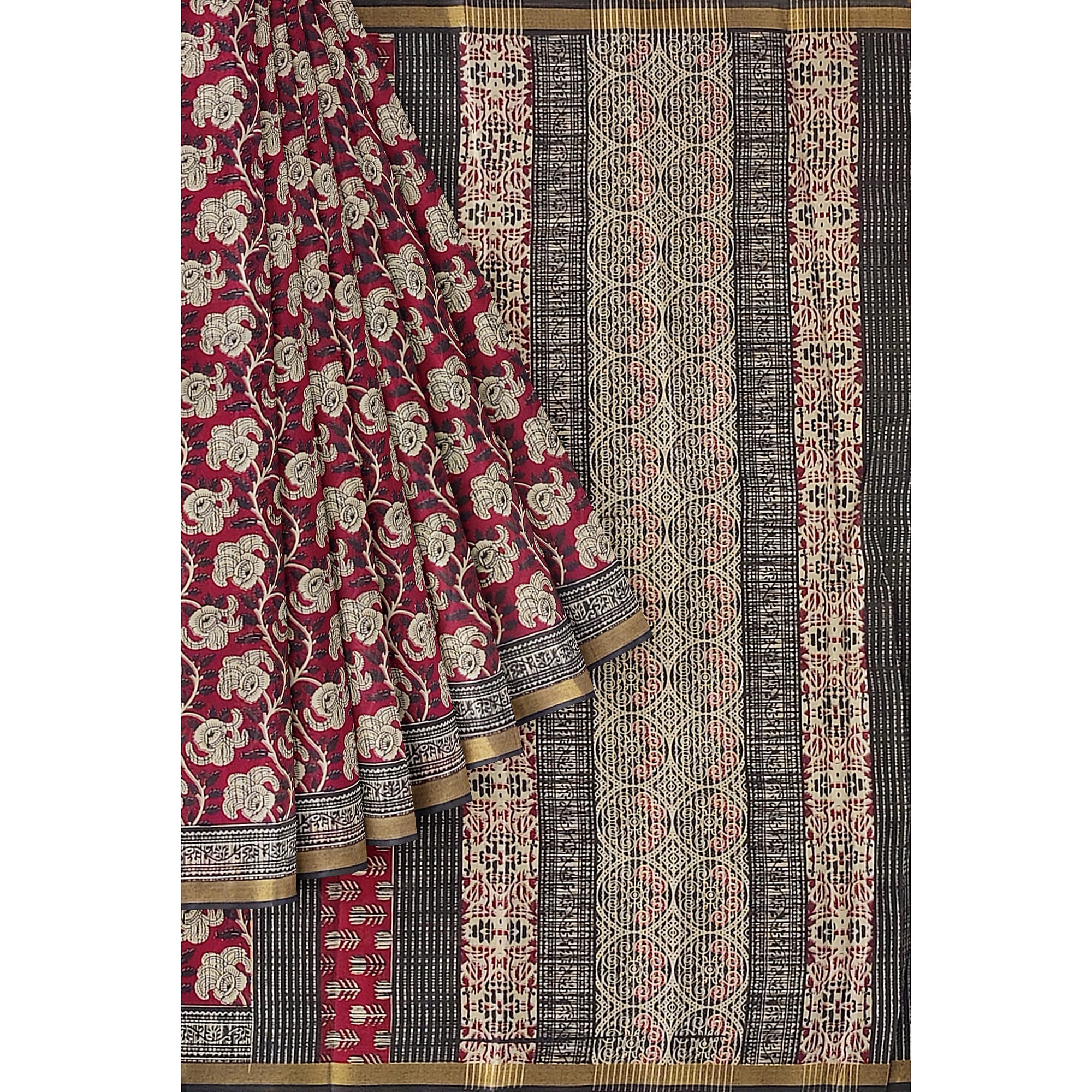 Red Floral Lightweight Saree – Black Border – Shop Online