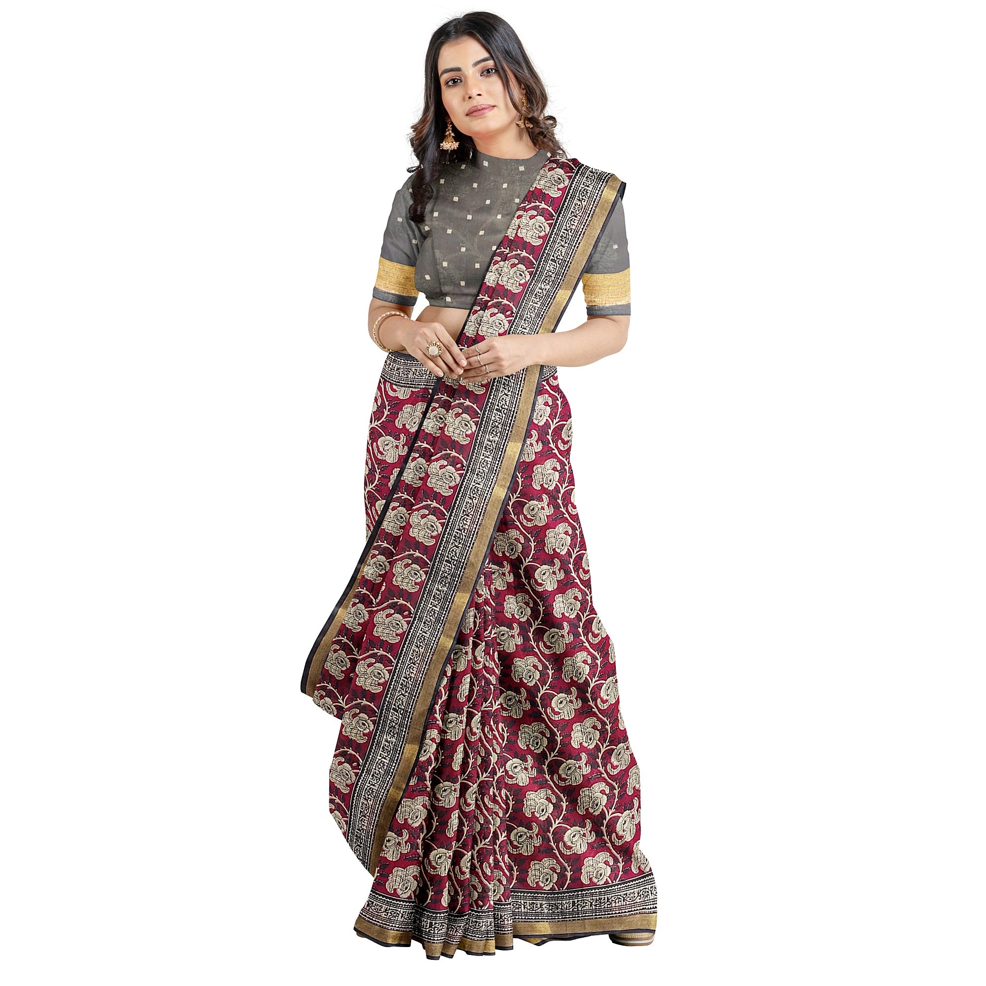 Red Floral Lightweight Saree – Black Border – Shop Online