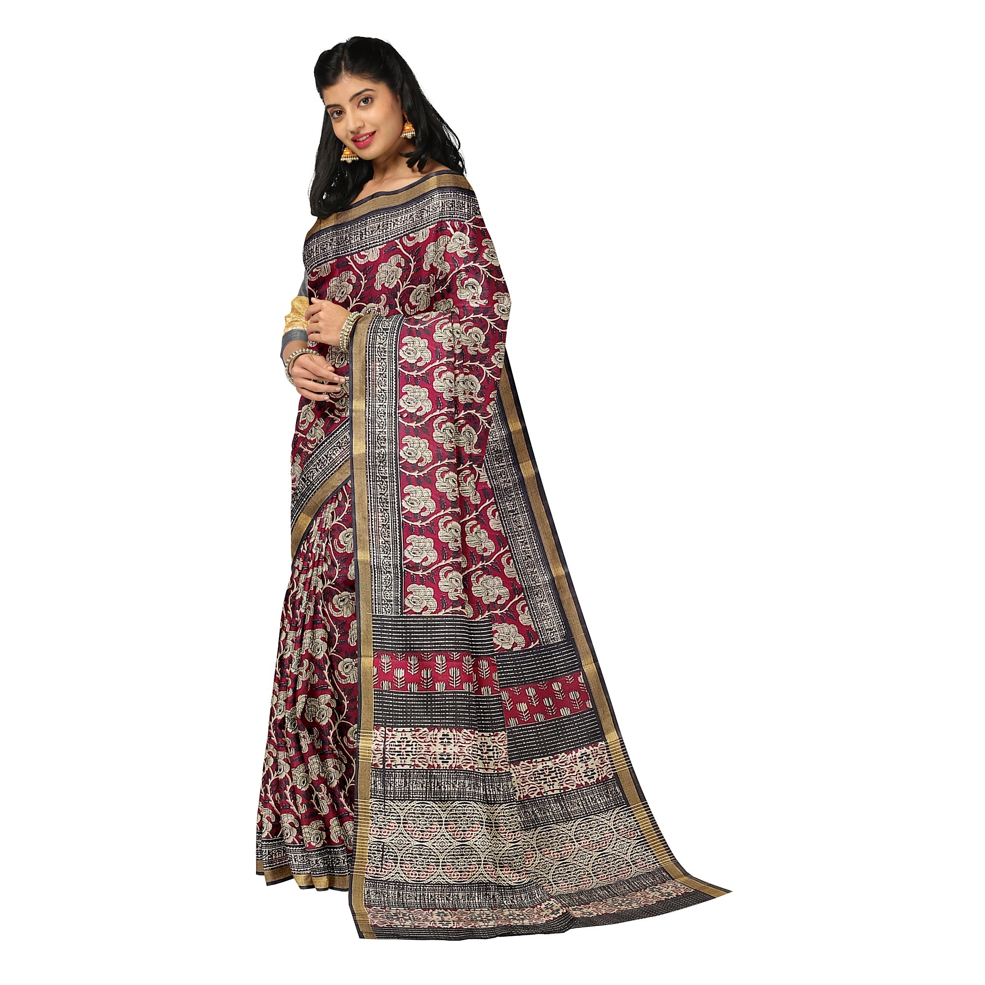Red Floral Lightweight Saree – Black Border – Shop Online