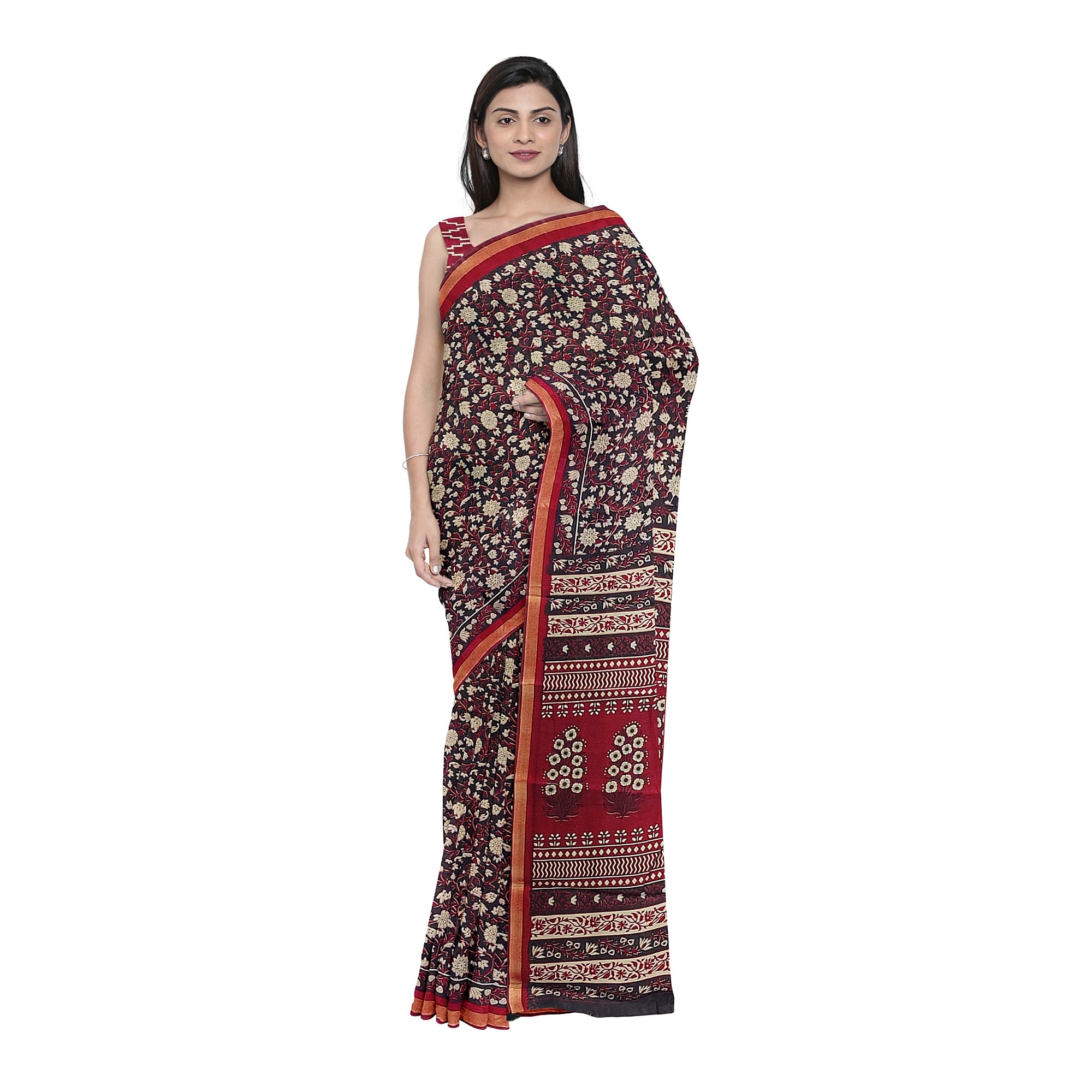 Black Printed Saree – Red Border – Shop Online