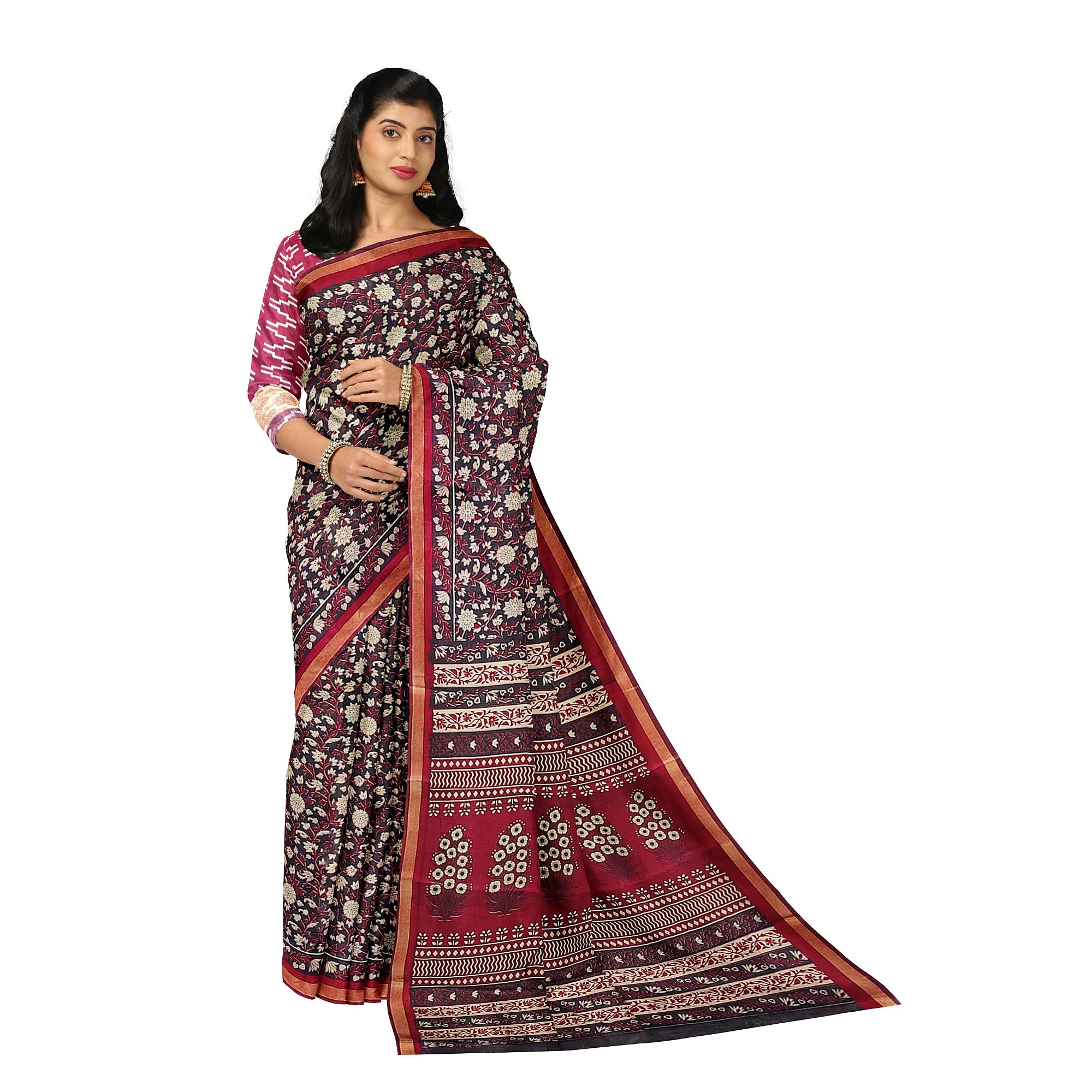 Black Printed Saree – Red Border – Shop Online