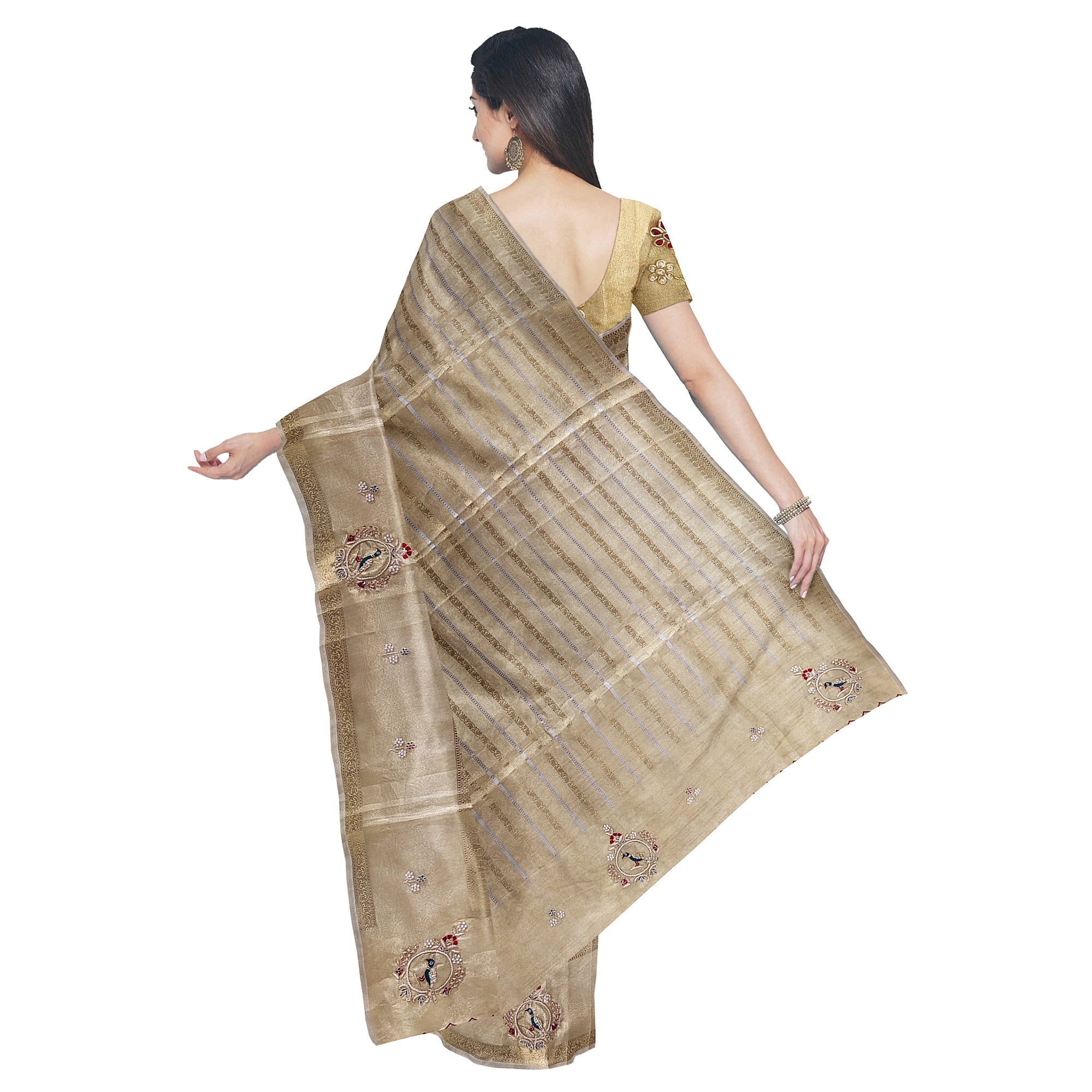 Bridal Gold Tissue Saree Red & Green – Beaded Embroidery – Premium Wedding Wear