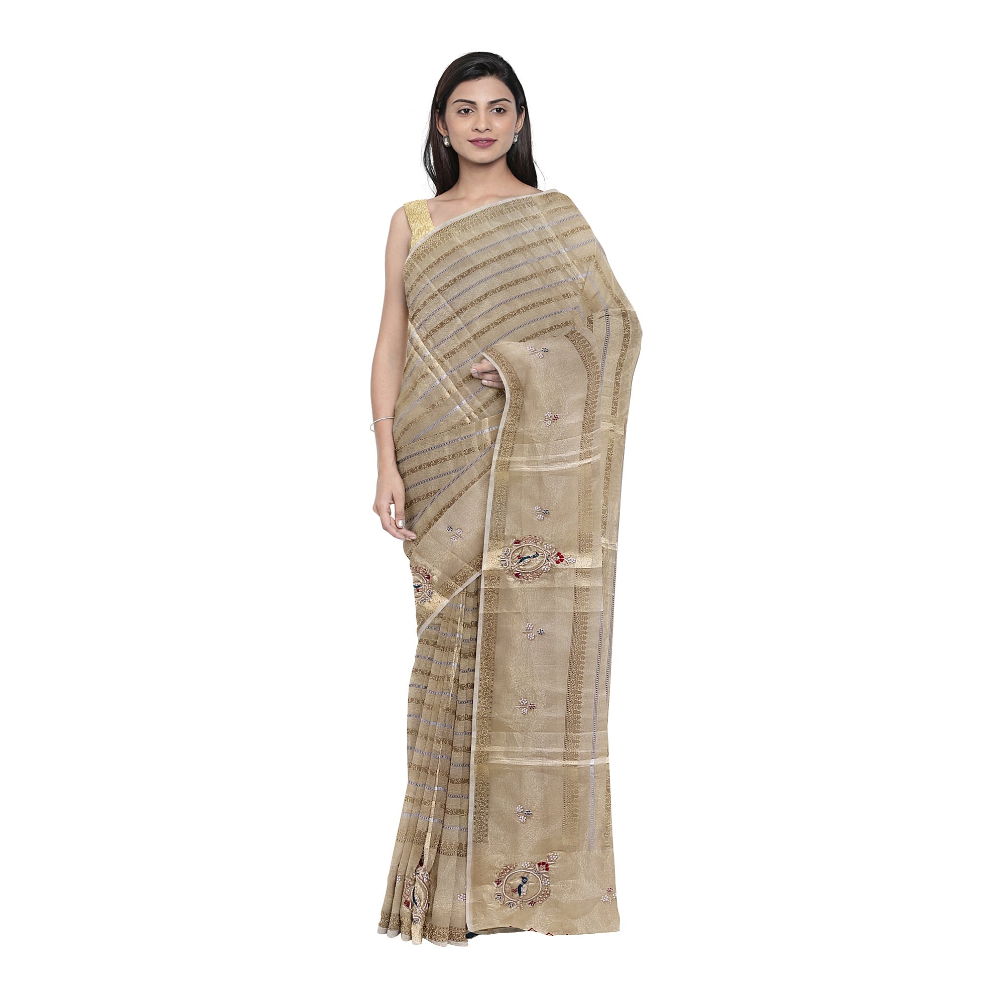 Bridal Gold Tissue Saree Red & Green – Beaded Embroidery – Premium Wedding Wear