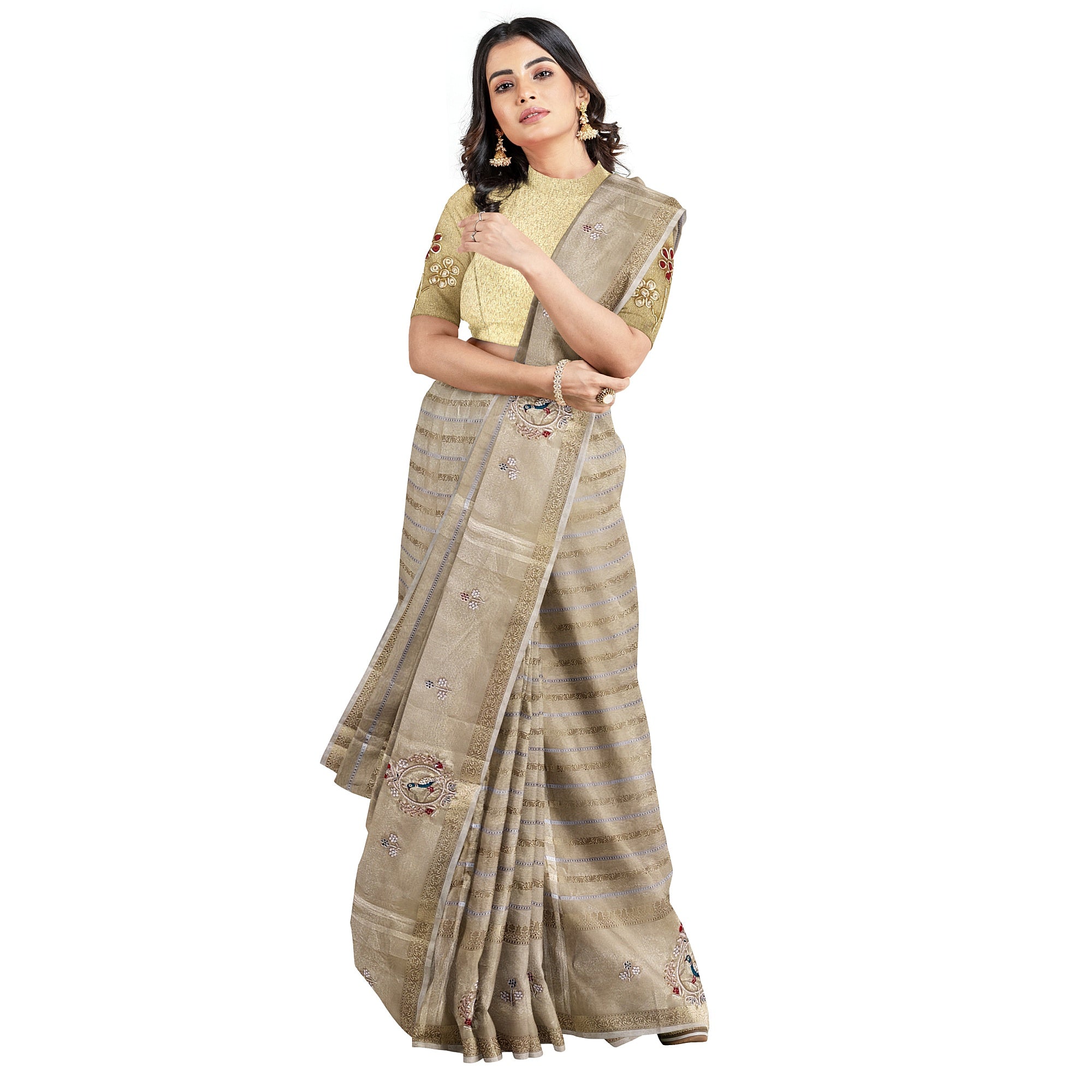 Bridal Gold Tissue Saree Red & Green – Beaded Embroidery – Premium Wedding Wear