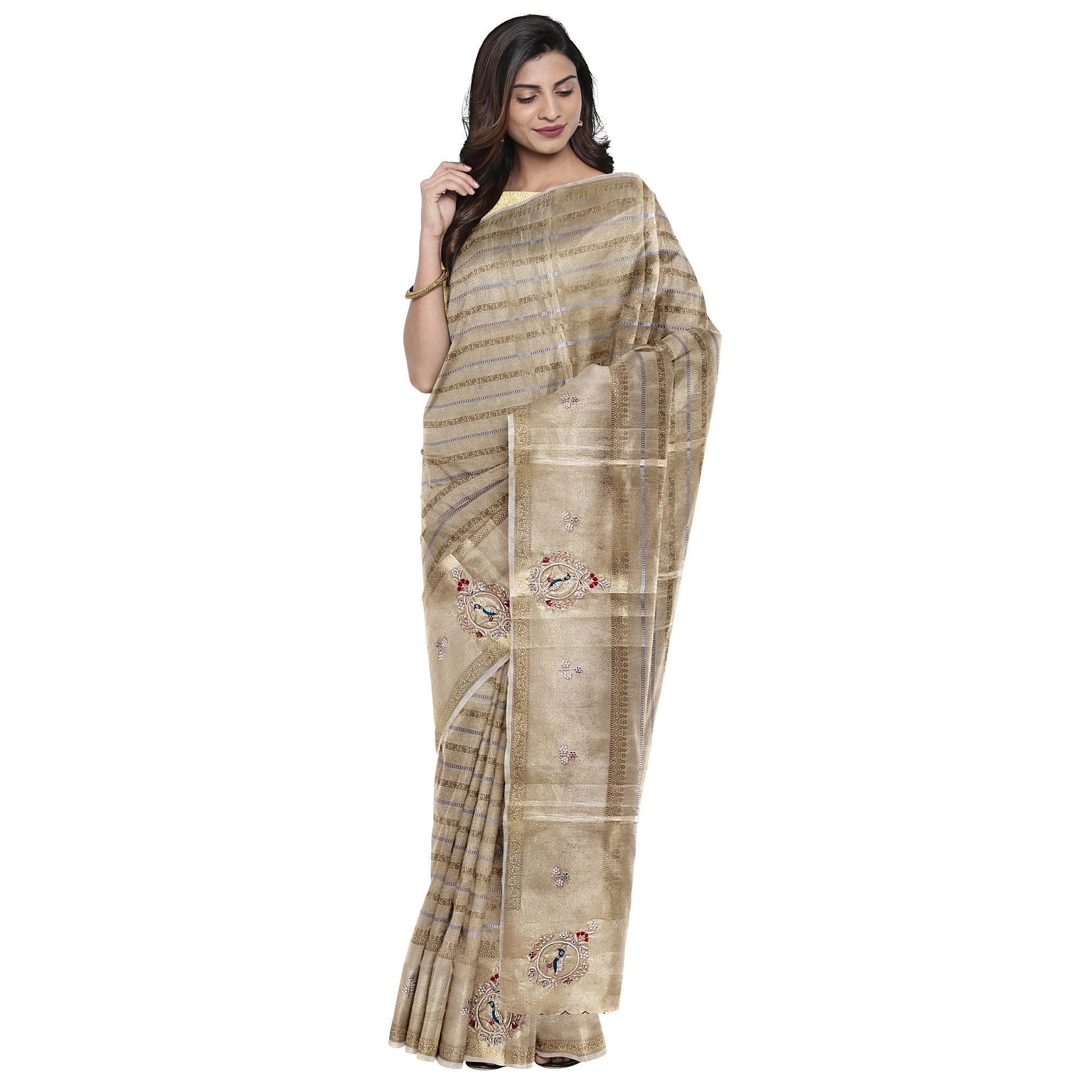Bridal Gold Tissue Saree Red & Green – Beaded Embroidery – Premium Wedding Wear