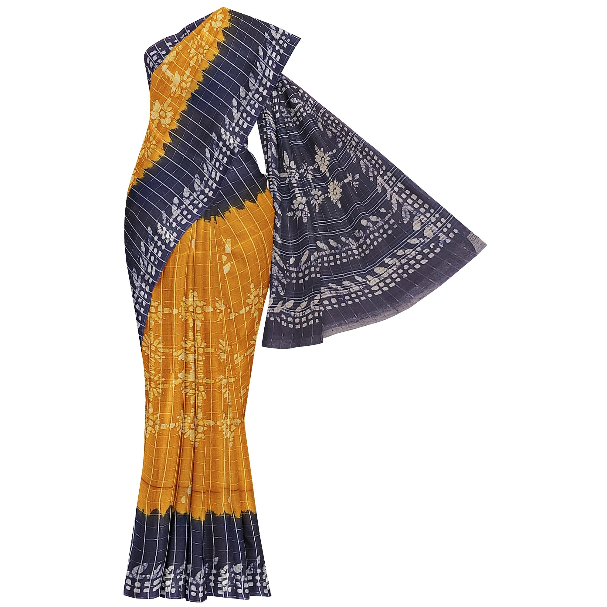 Mustard Yellow Batik Print Saree – Navy Blue Border – Shop Online