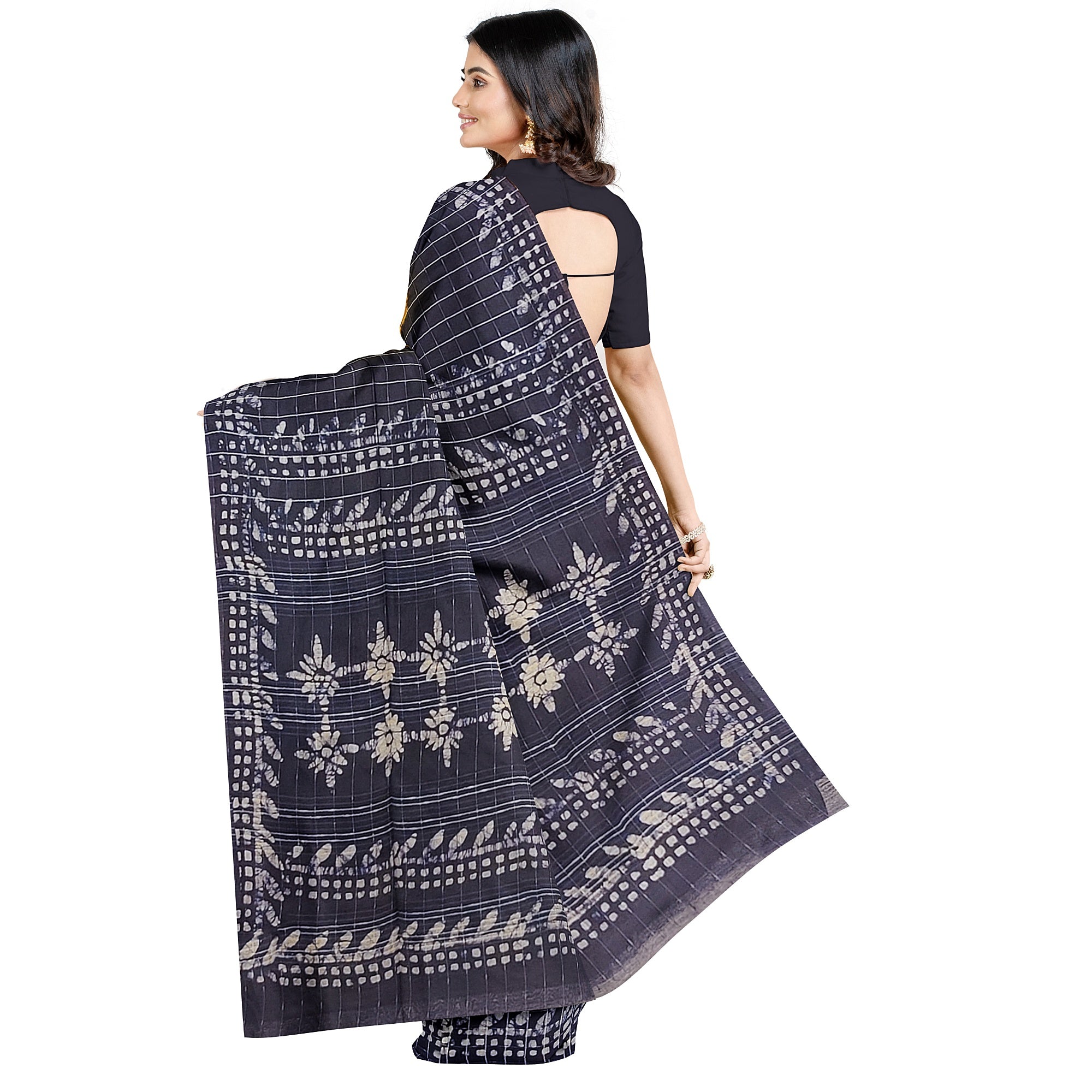 Mustard Yellow Batik Print Saree – Navy Blue Border – Shop Online