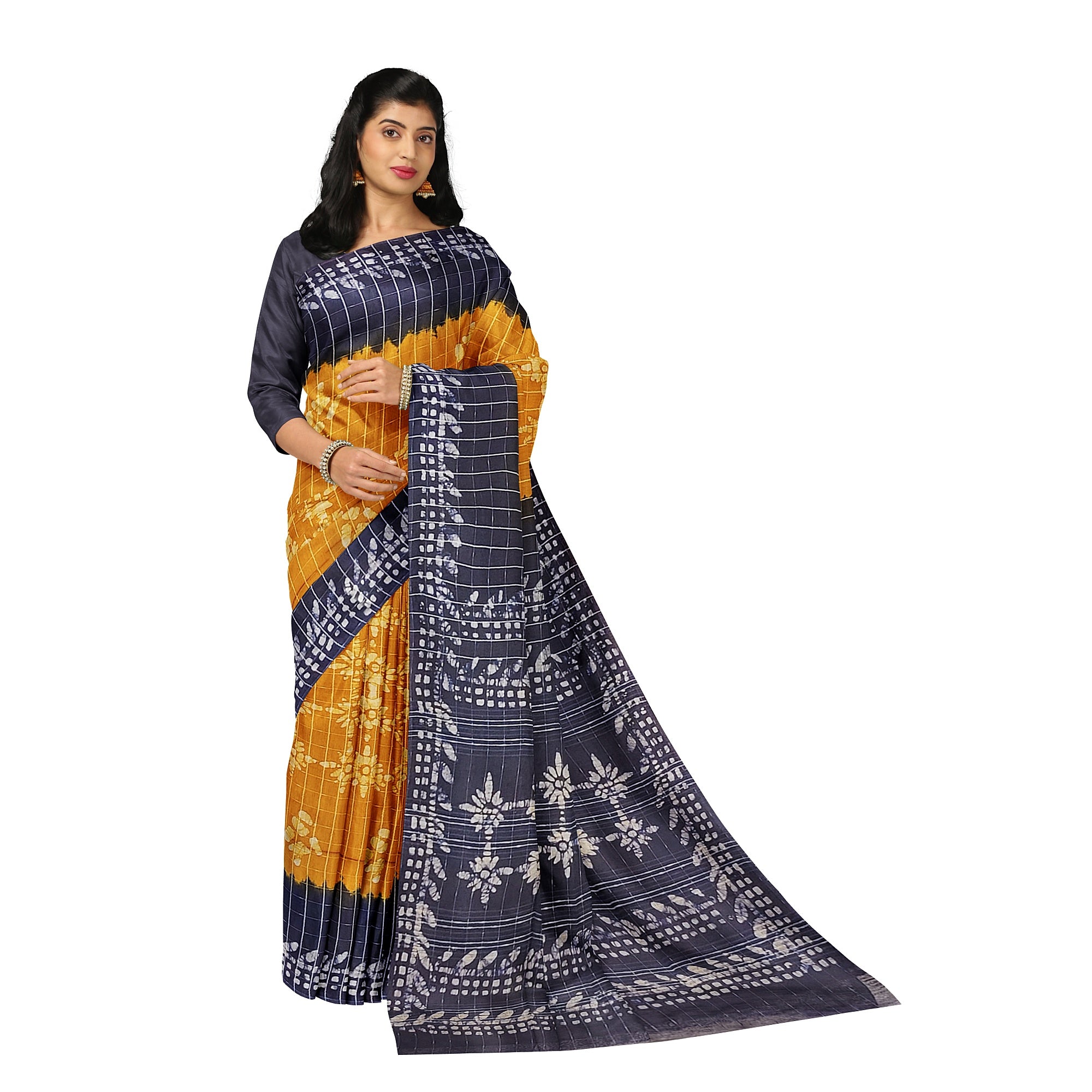 Mustard Yellow Batik Print Saree – Navy Blue Border – Shop Online