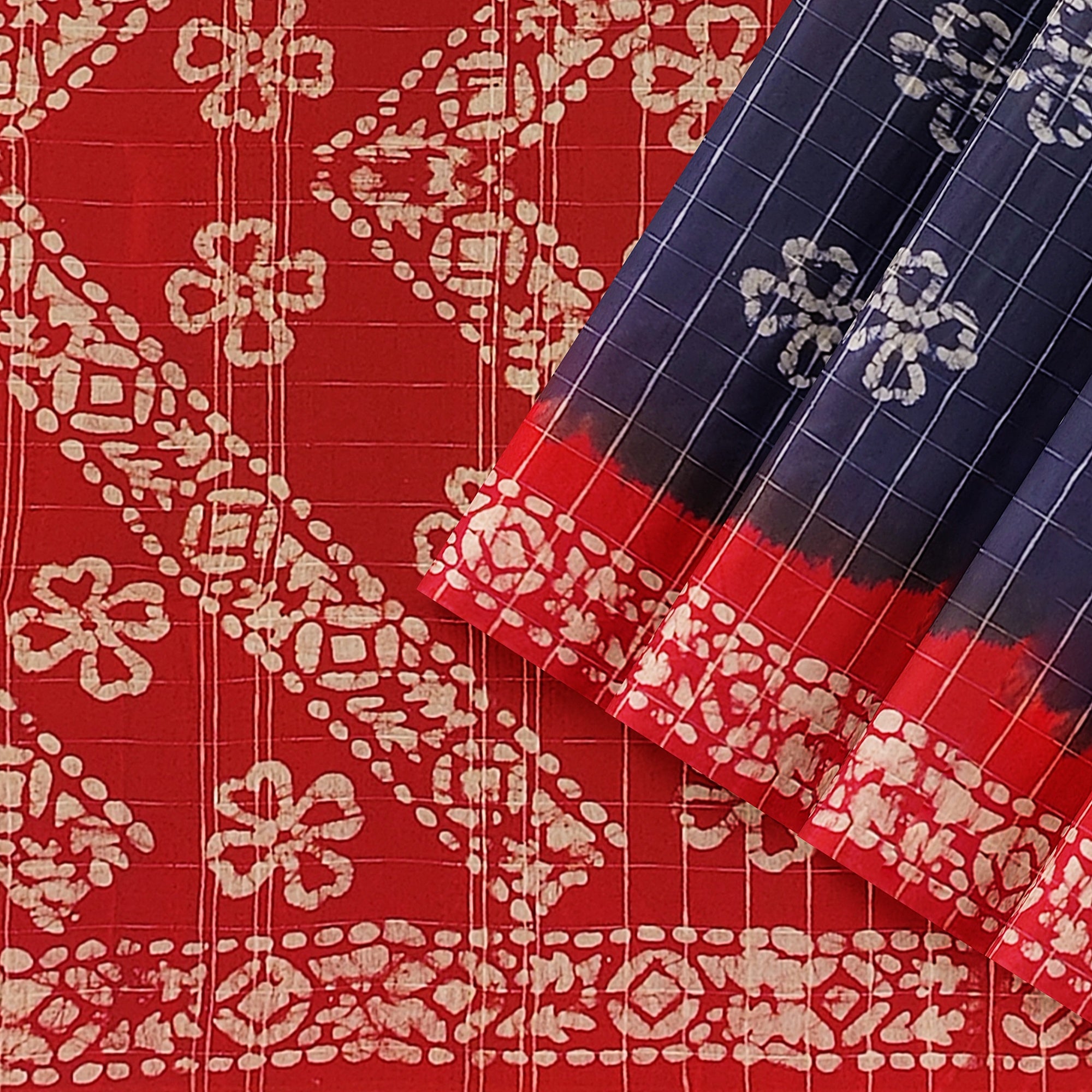 Blue Batik Print Saree – Red Border – Shop Online