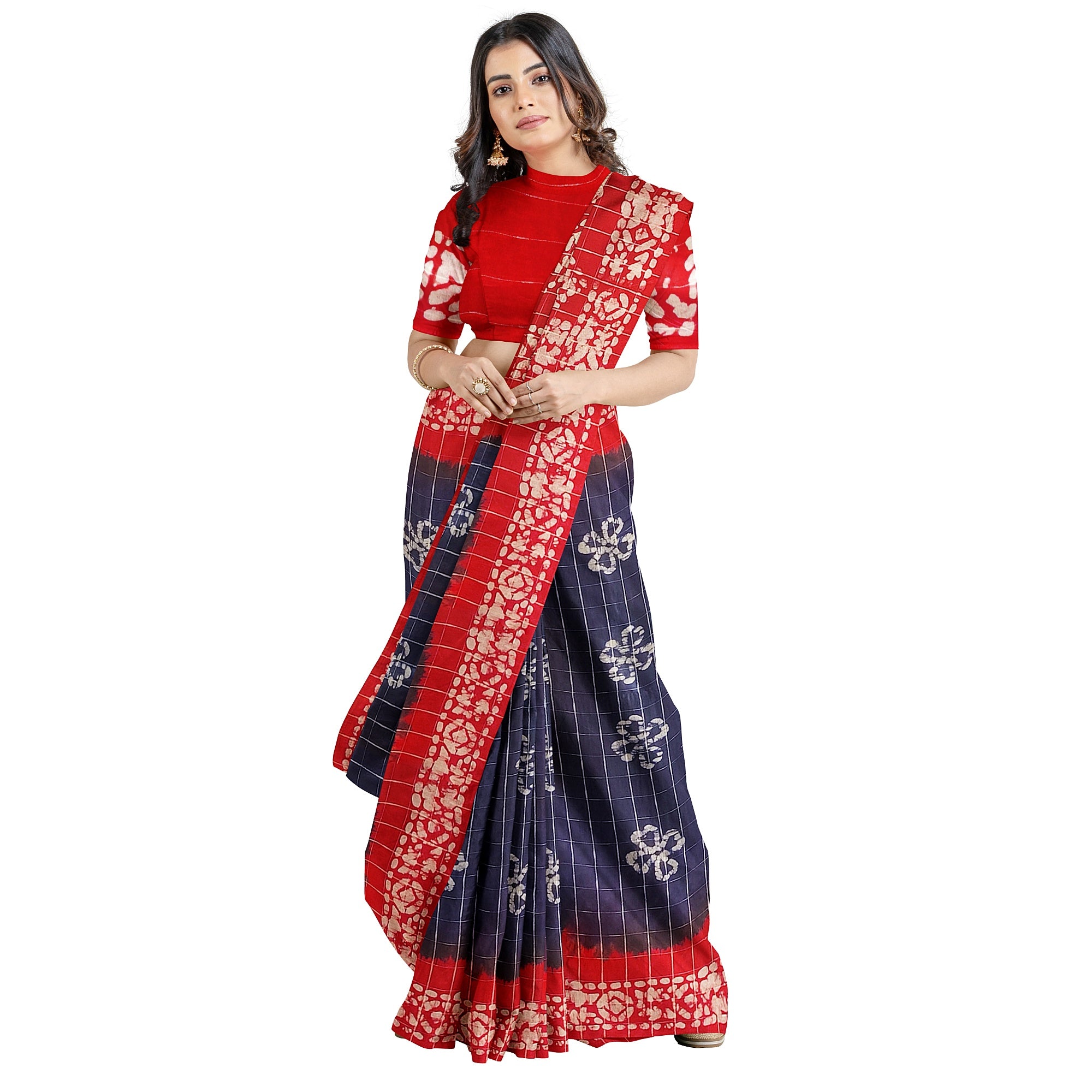 Blue Batik Print Saree – Red Border – Shop Online