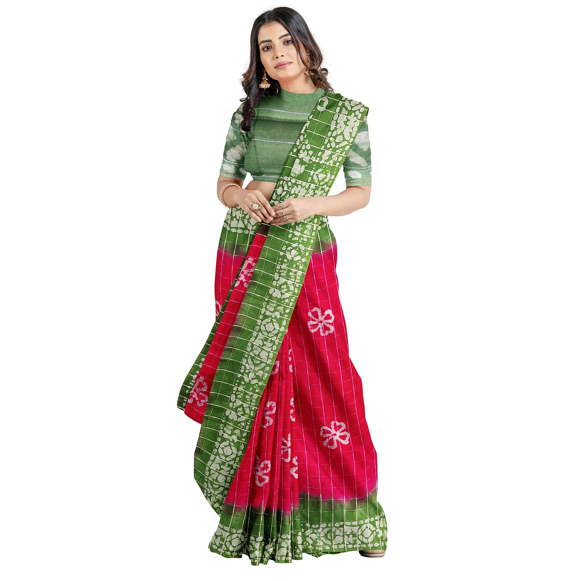 Pink Batik Print Saree – Parrot Green Border – Shop Online