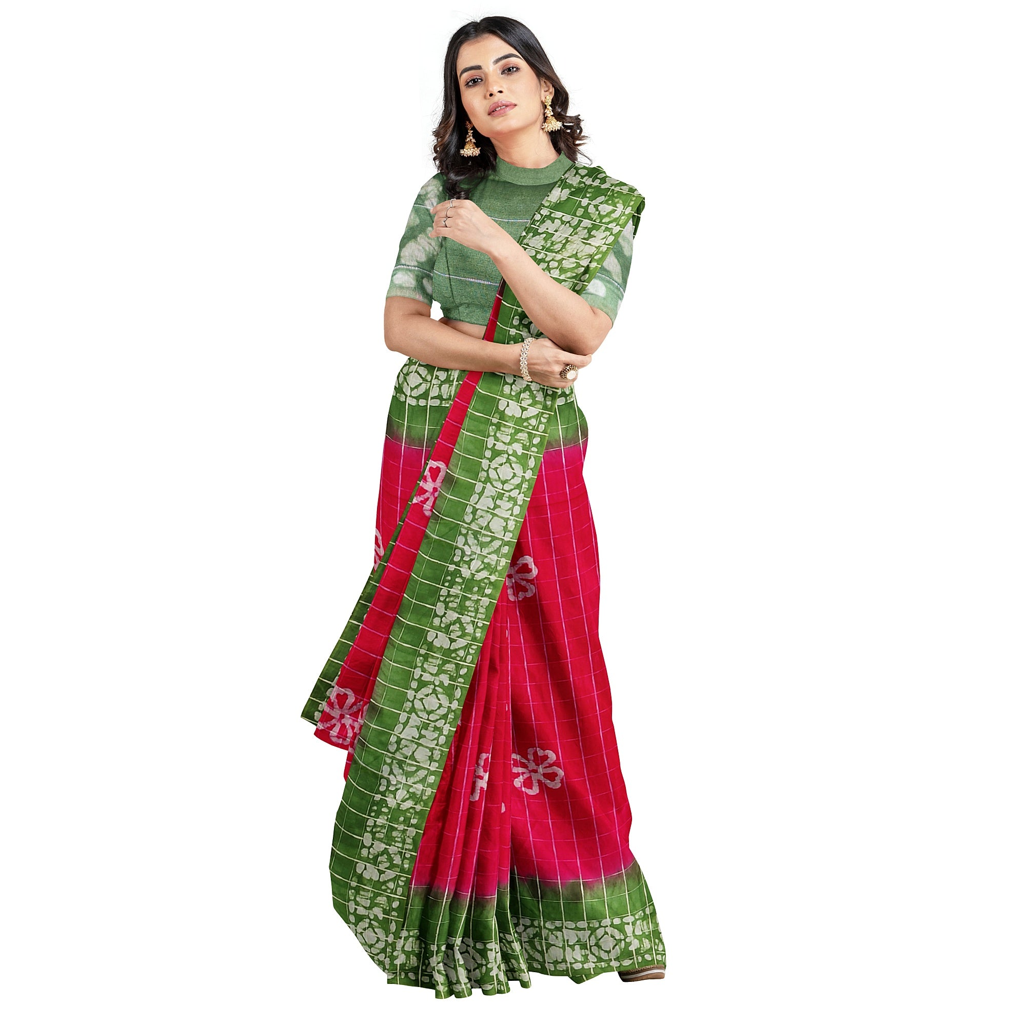 Pink Batik Print Saree – Parrot Green Border – Shop Online