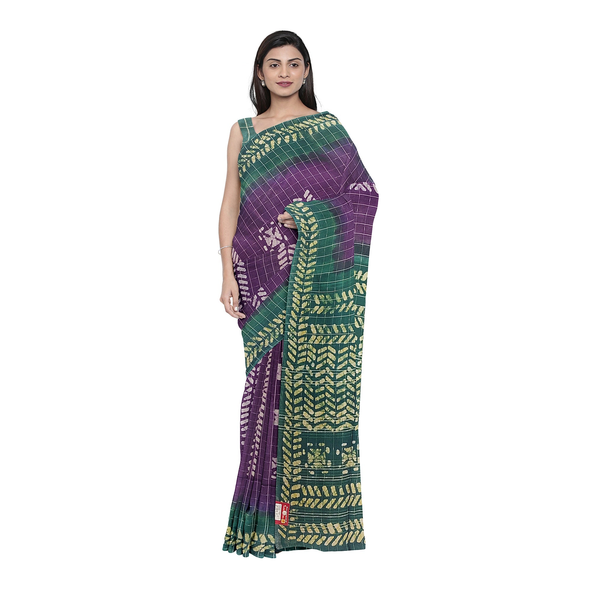 Purple Batik Print Saree – Green Border – Shop Online