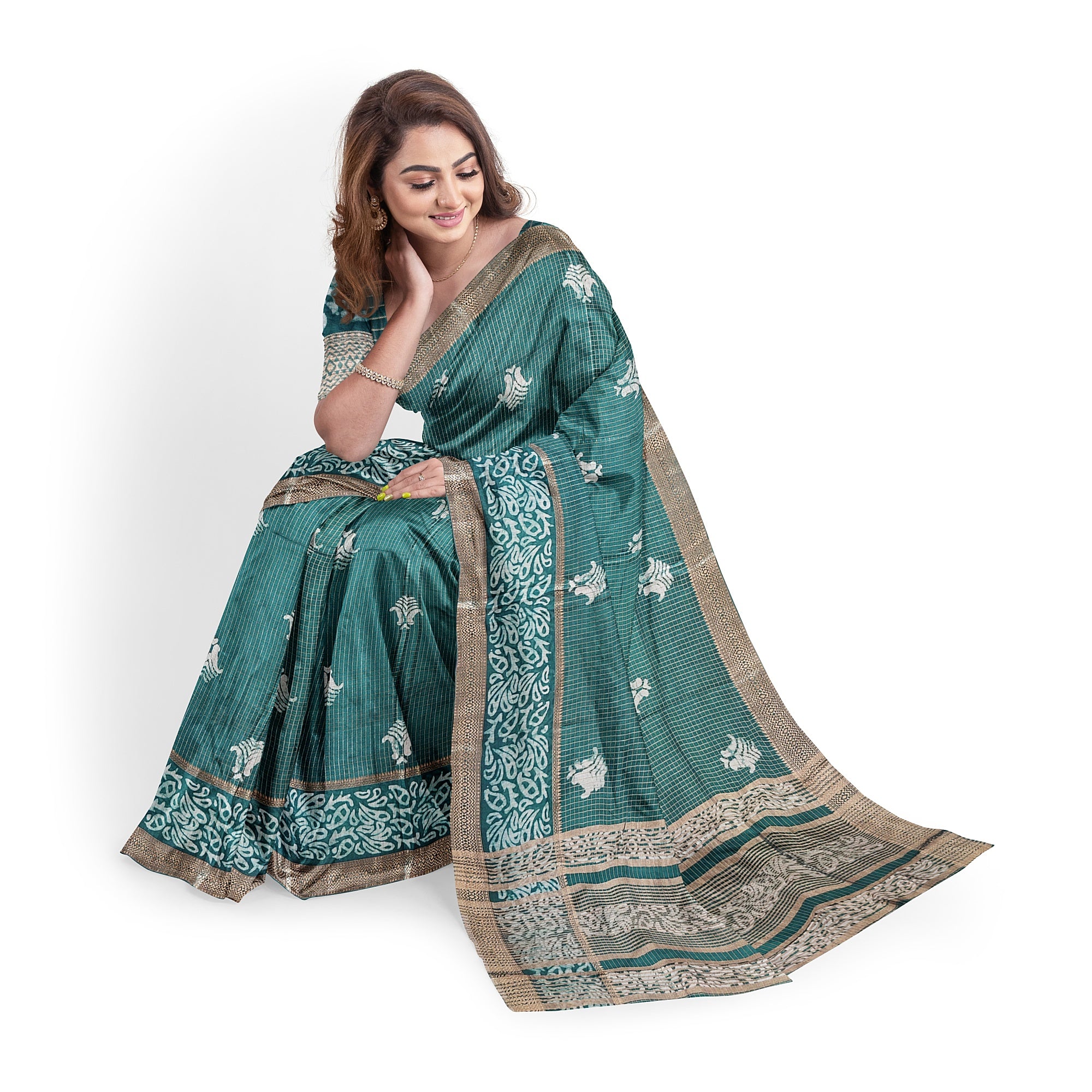 Rama Green Designer Saree with Floral Border – Elegant Grace in Every Drape