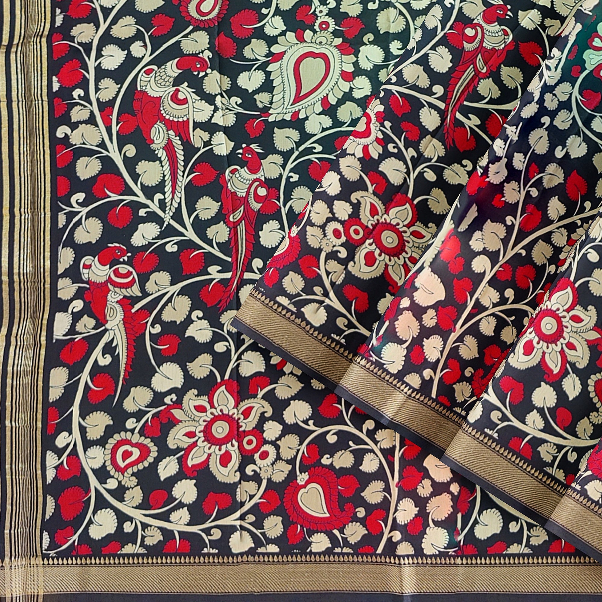 Black Raw Silk Saree with Red Floral Work – Elegant Traditional Saree for Special Occasions