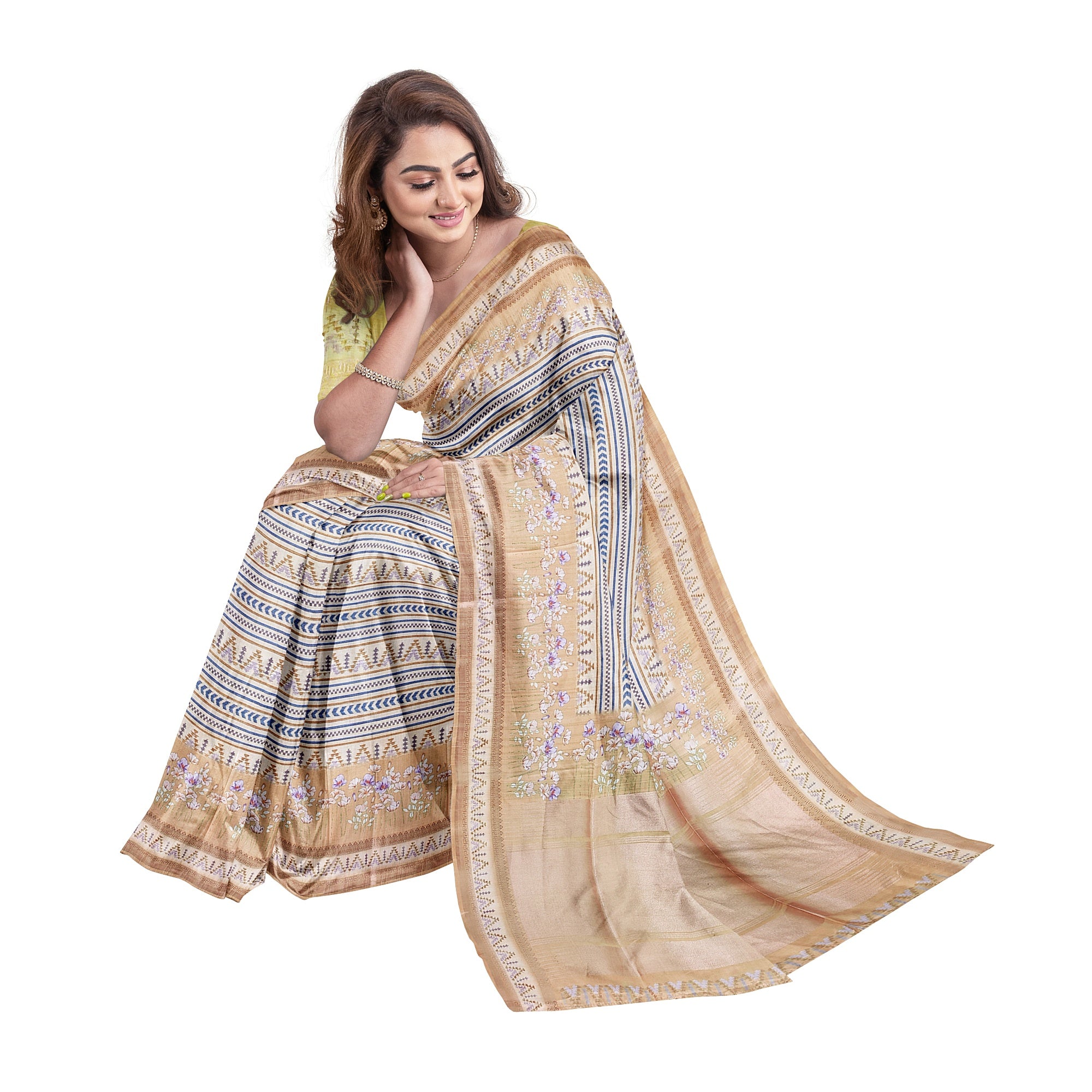 Yellow Fancy Raw Silk Saree with Prints & Tassels – Shop Online