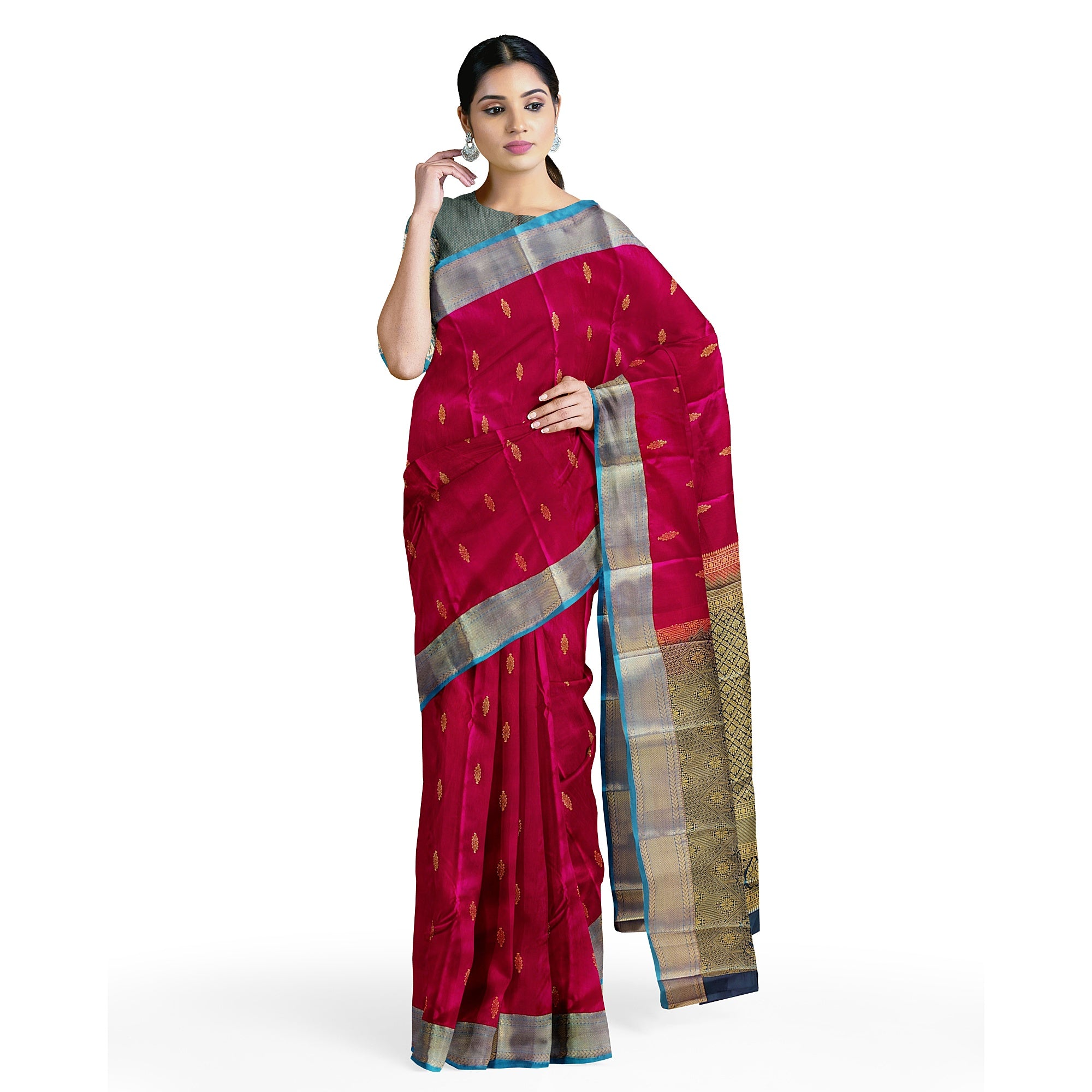 Dark Pink and Green Traditional Saree – Timeless Elegance in Silk - New Sudarshan Silks`