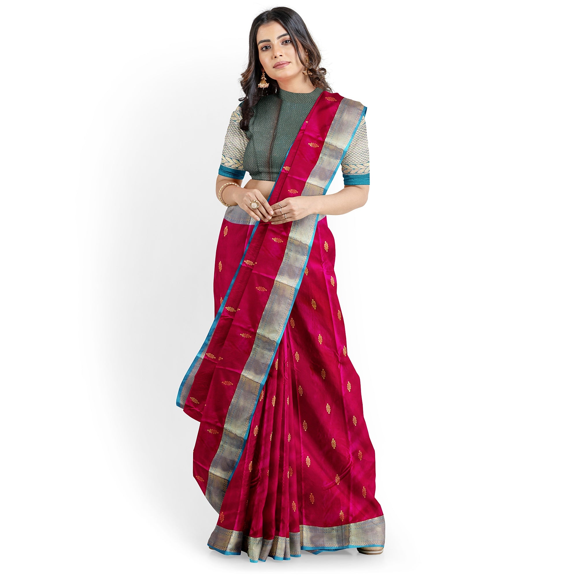 Dark Pink and Green Traditional Saree – Timeless Elegance in Silk - New Sudarshan Silks`