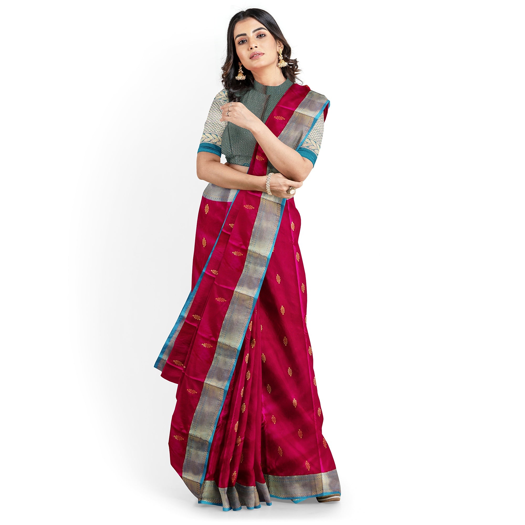 Dark Pink and Green Traditional Saree – Timeless Elegance in Silk - New Sudarshan Silks`
