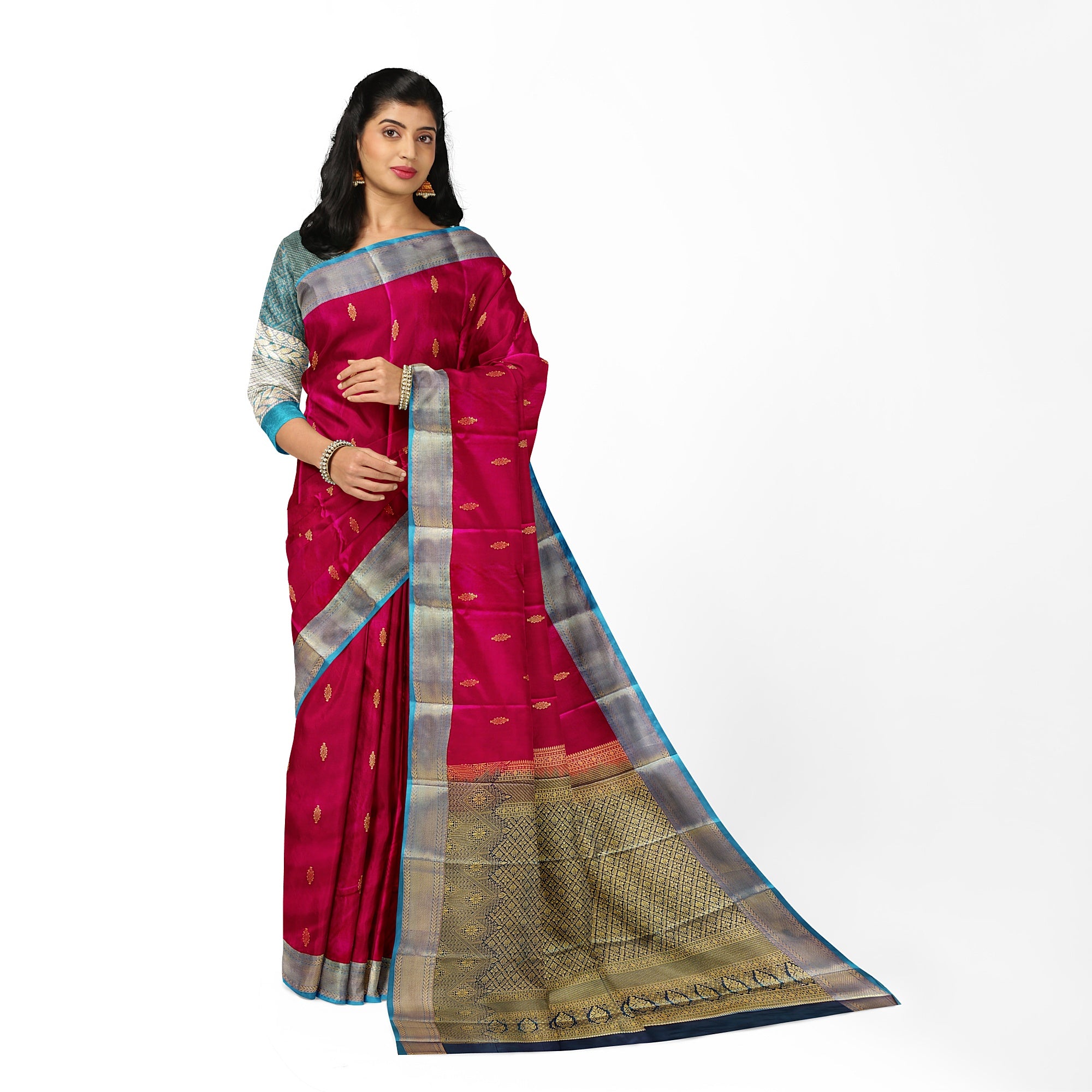 Dark Pink and Green Traditional Saree – Timeless Elegance in Silk - New Sudarshan Silks`