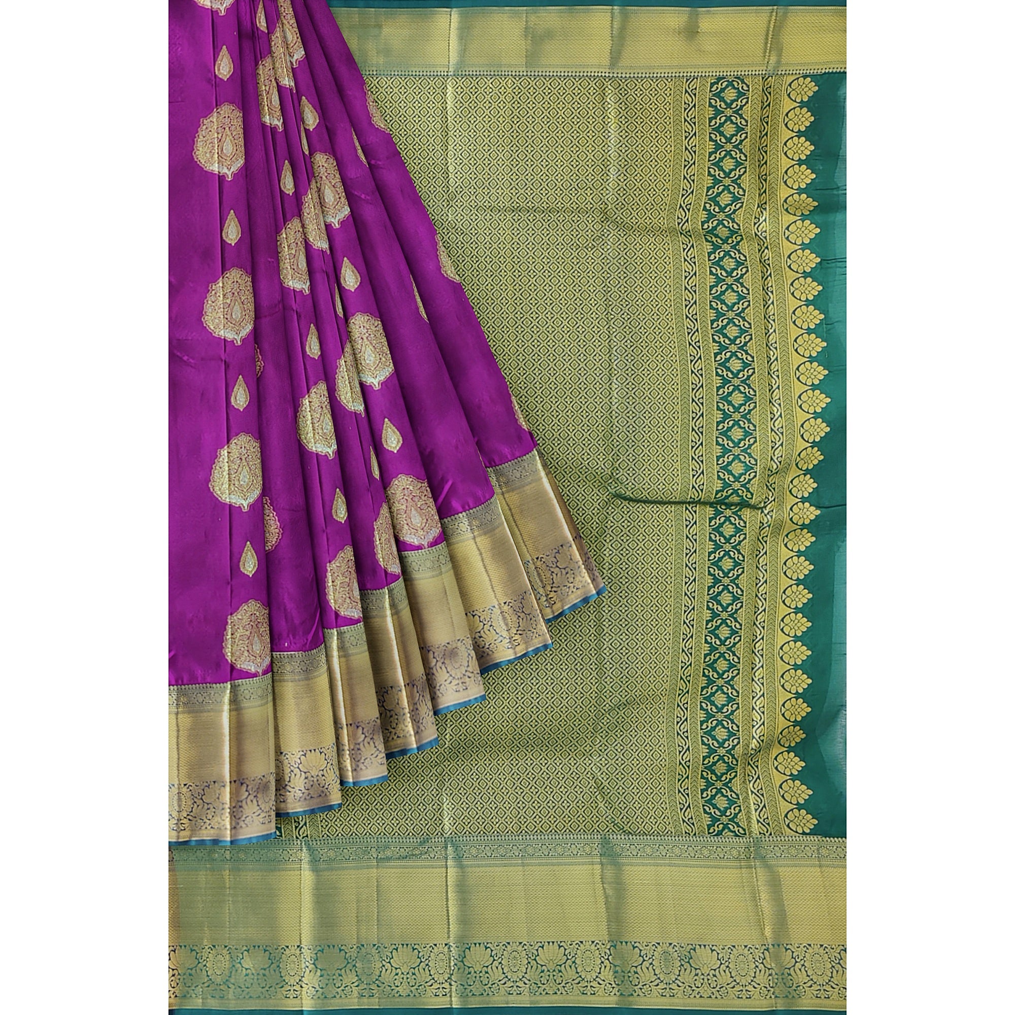 Wine Saree with Green Contrast Border – A Regal Statement of Elegance - New Sudarshan Silks`