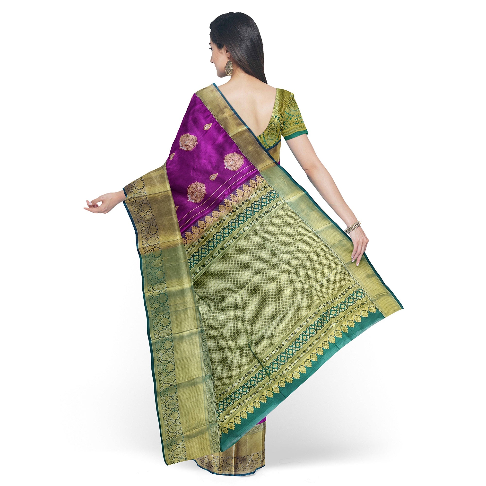 Wine Saree with Green Contrast Border – A Regal Statement of Elegance - New Sudarshan Silks`