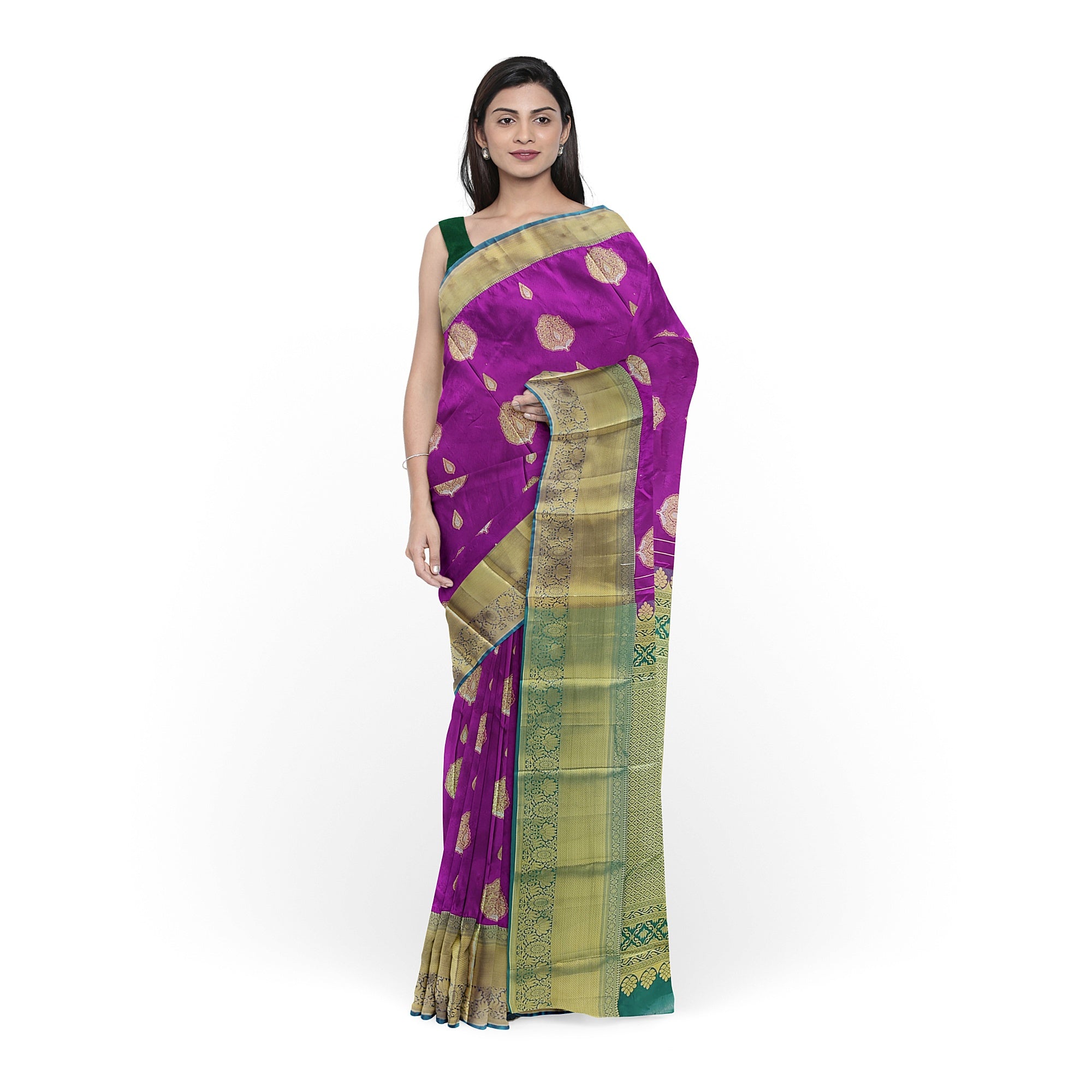 Wine Saree with Green Contrast Border – A Regal Statement of Elegance - New Sudarshan Silks`