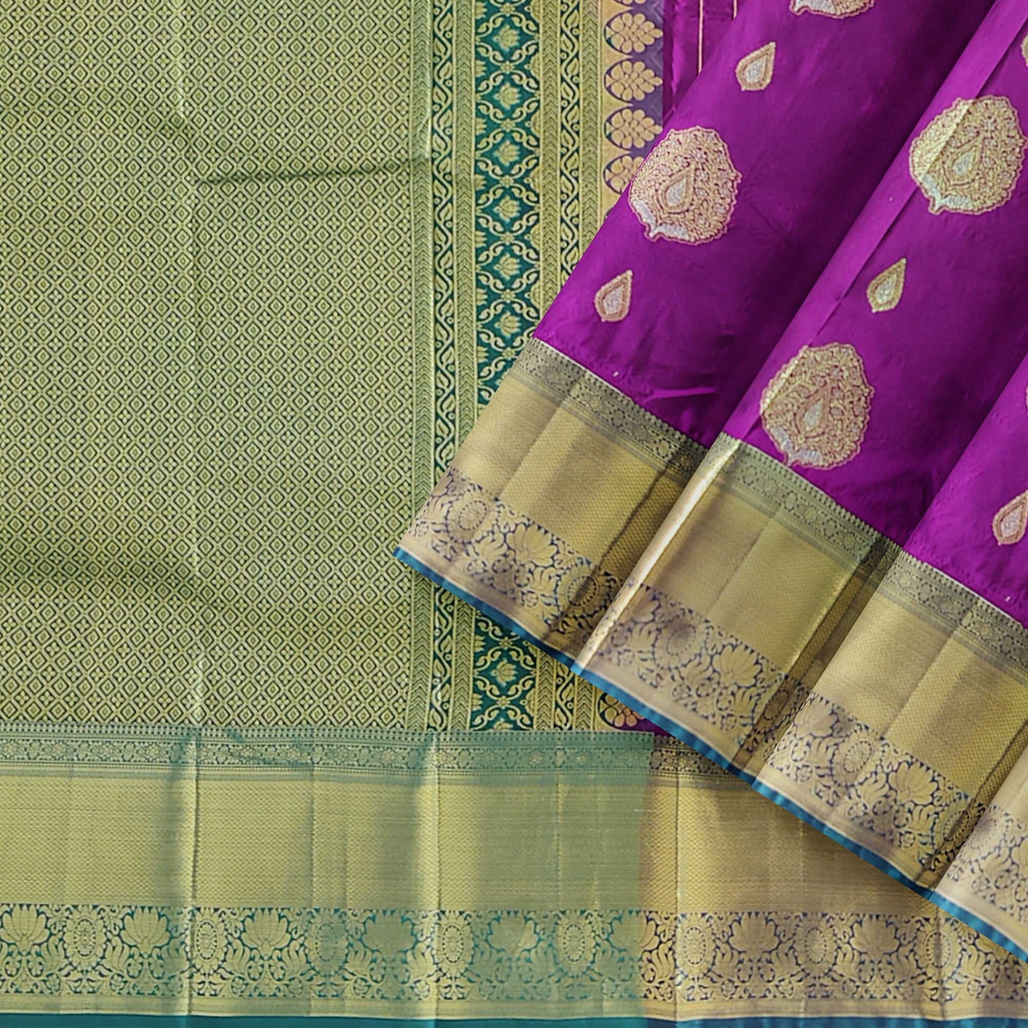 Wine Saree with Green Contrast Border – A Regal Statement of Elegance - New Sudarshan Silks`
