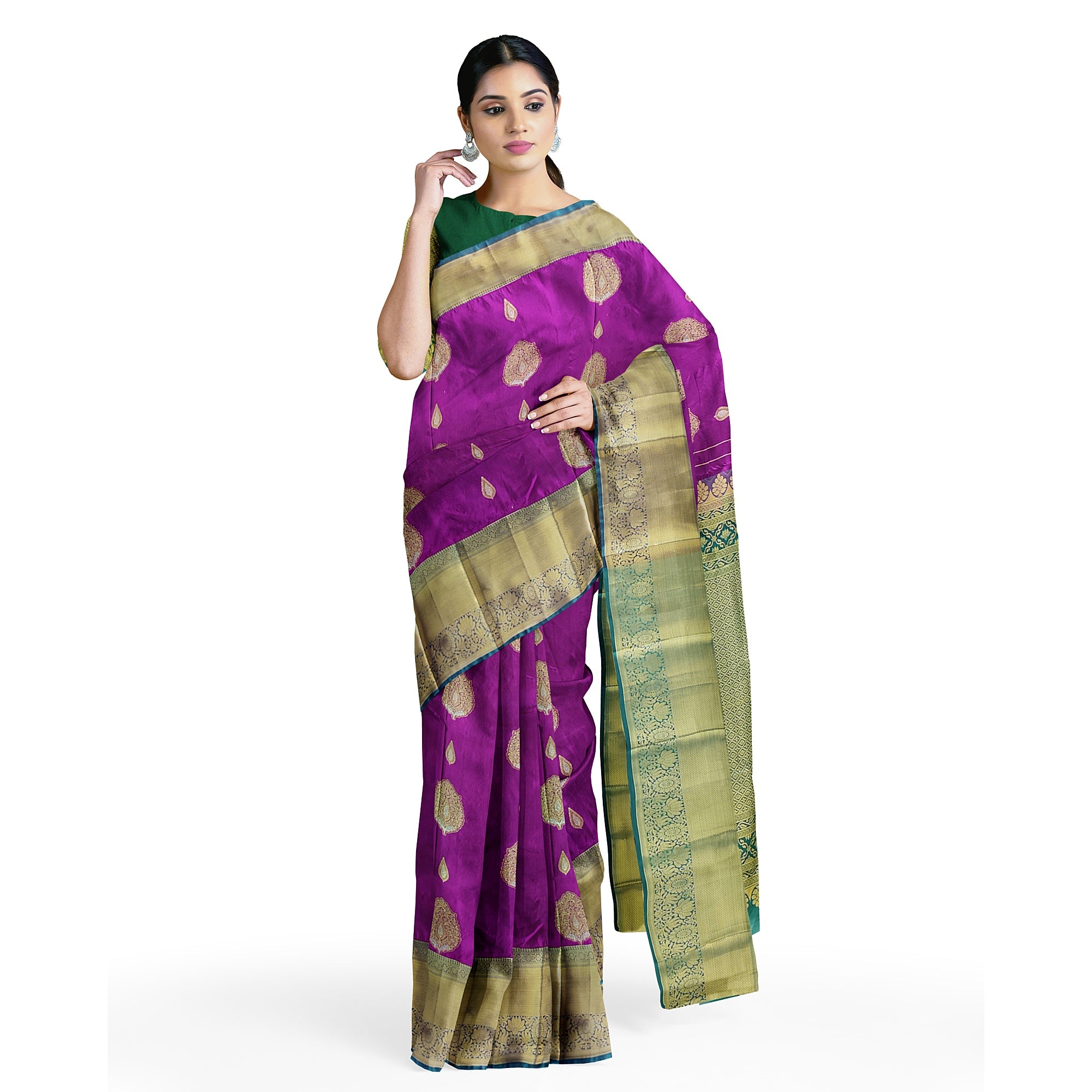 Wine Saree with Green Contrast Border – A Regal Statement of Elegance - New Sudarshan Silks`