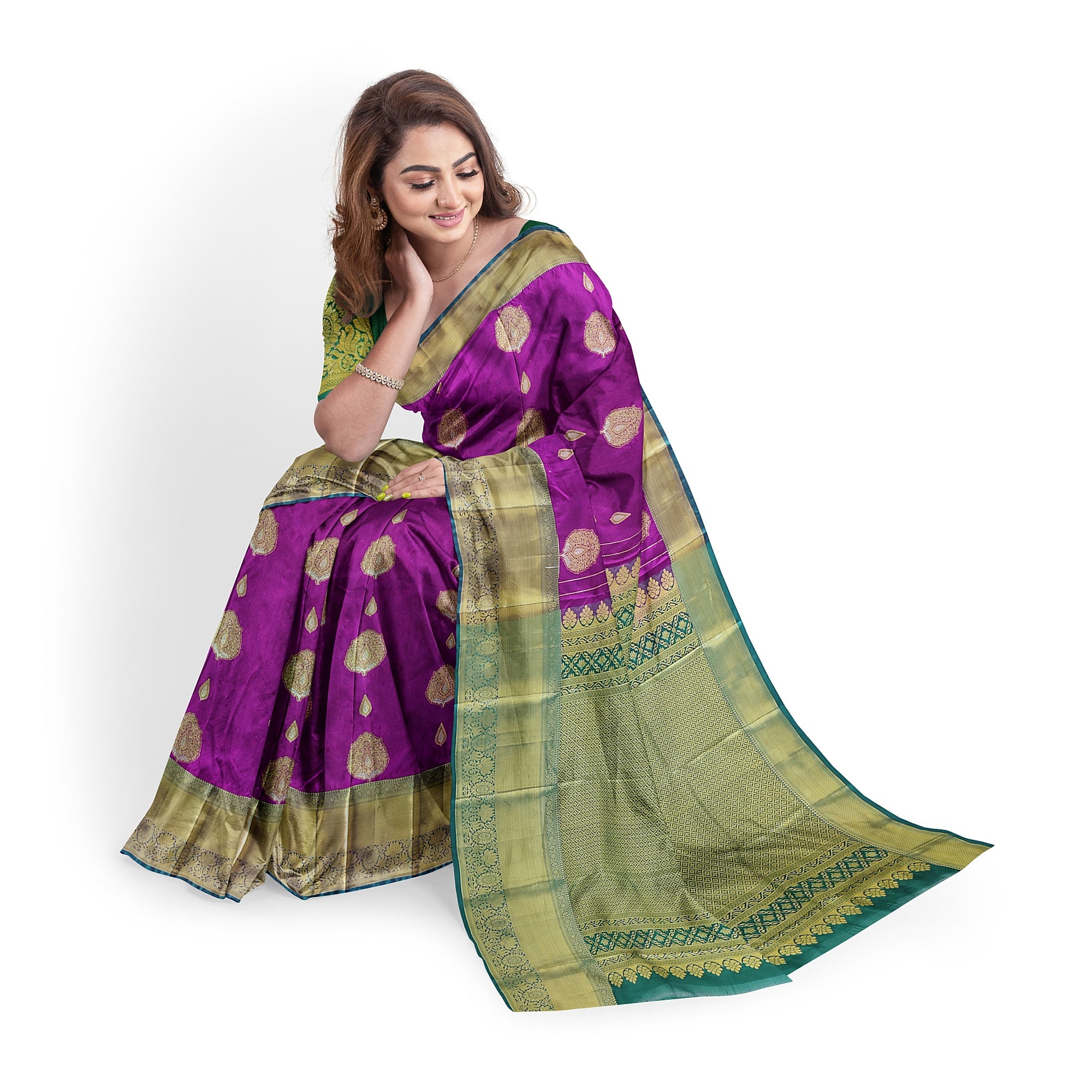 Wine Saree with Green Contrast Border – A Regal Statement of Elegance - New Sudarshan Silks`