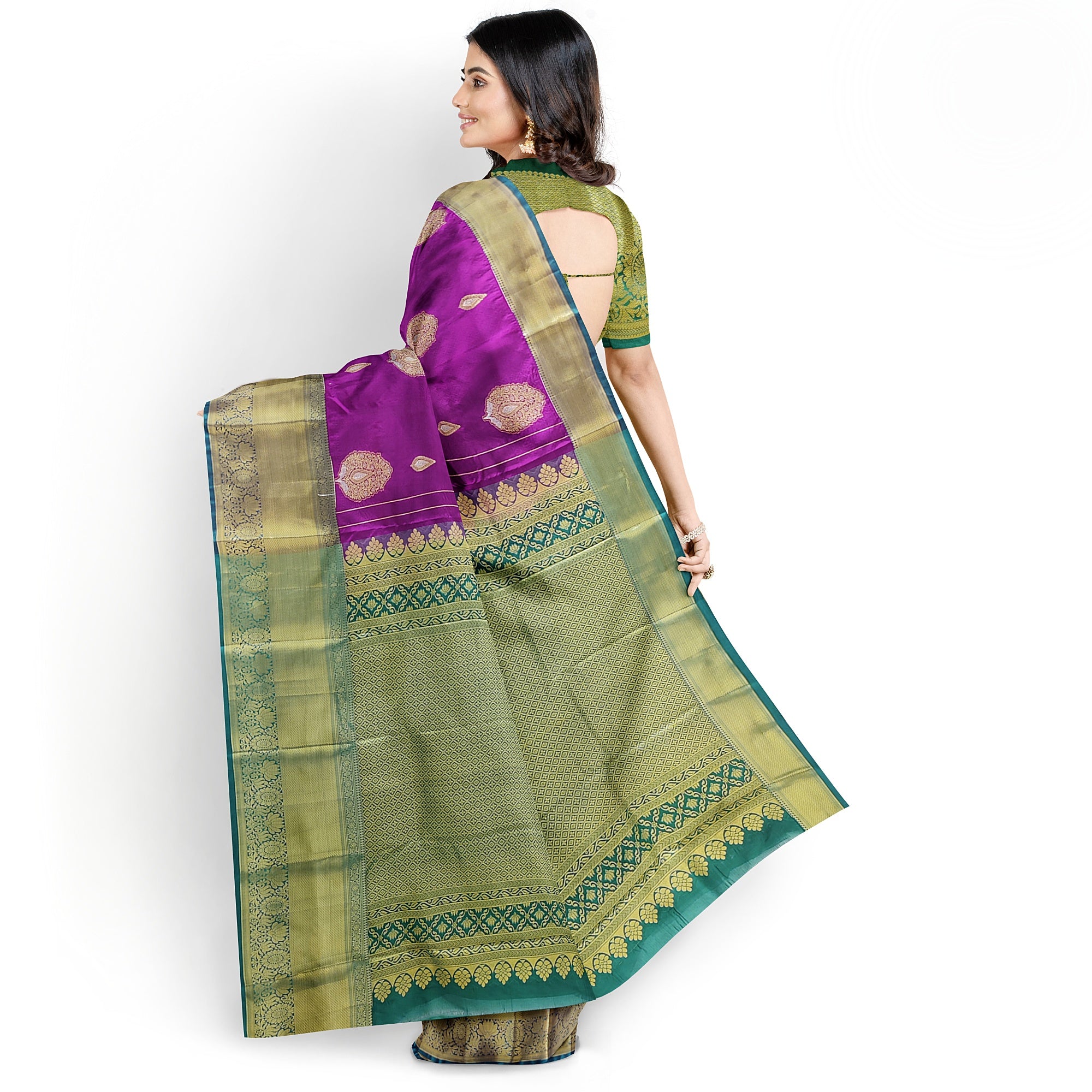 Wine Saree with Green Contrast Border – A Regal Statement of Elegance - New Sudarshan Silks`
