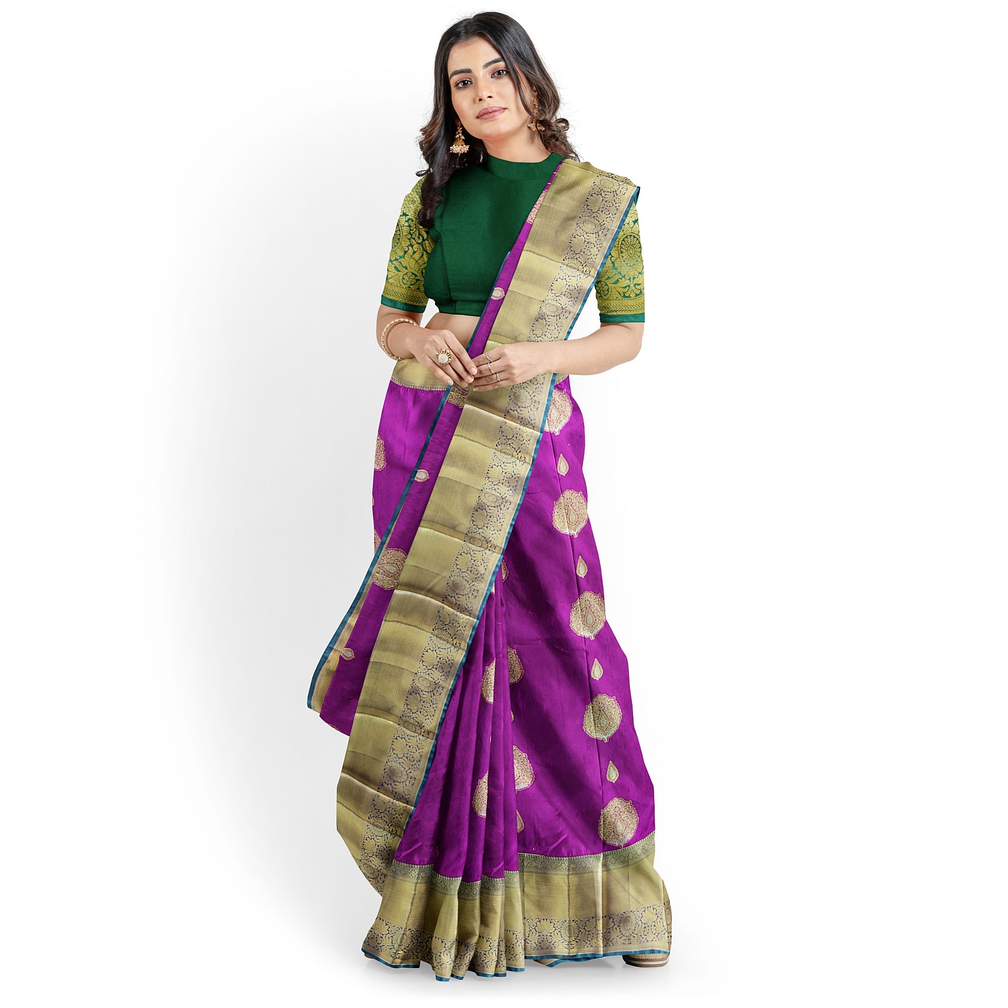 Wine Saree with Green Contrast Border – A Regal Statement of Elegance - New Sudarshan Silks`