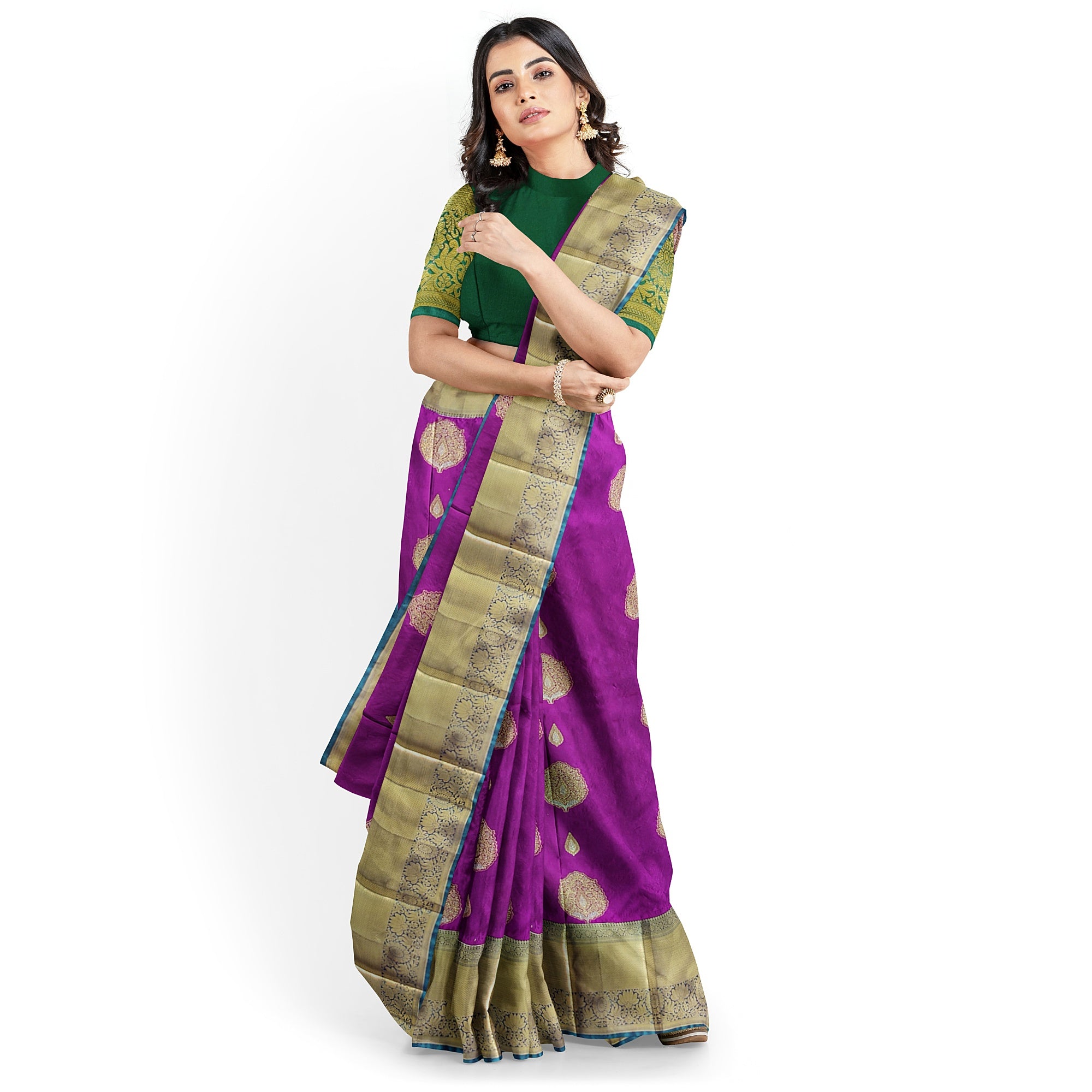 Wine Saree with Green Contrast Border – A Regal Statement of Elegance - New Sudarshan Silks`