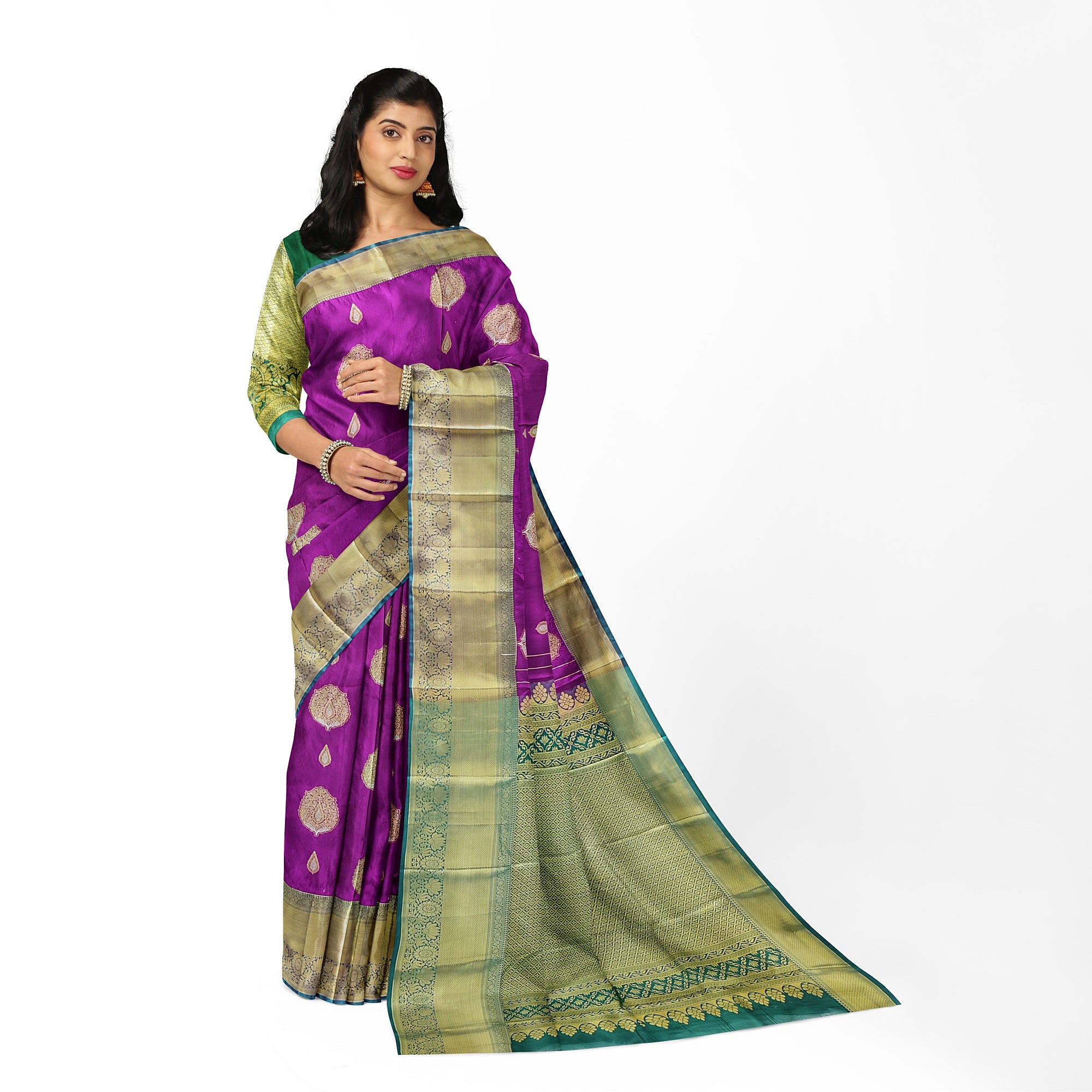 Wine Saree with Green Contrast Border – A Regal Statement of Elegance - New Sudarshan Silks`