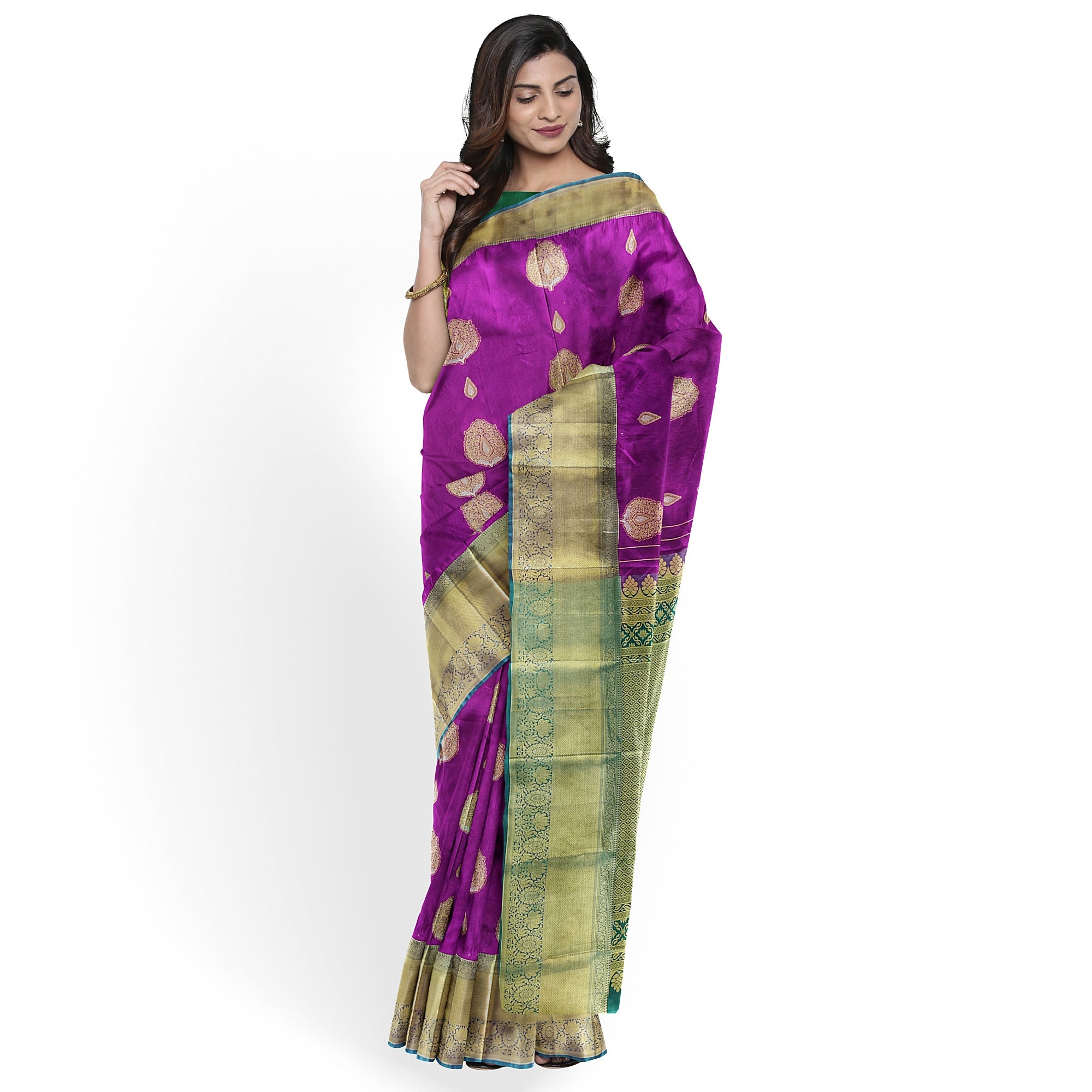 Wine Saree with Green Contrast Border – A Regal Statement of Elegance - New Sudarshan Silks`