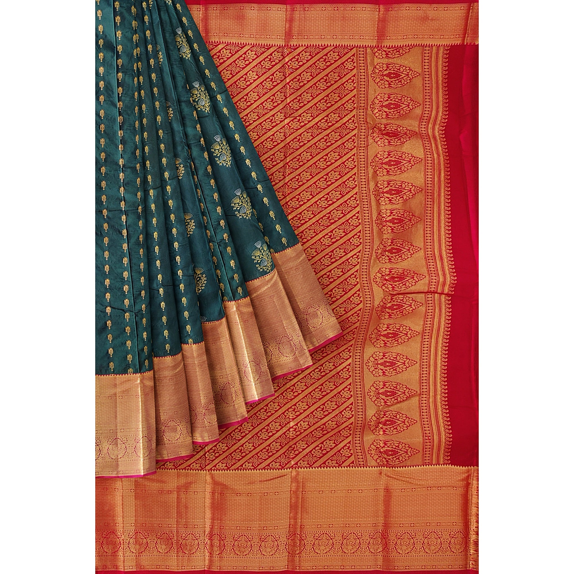 Bottle Green Semi Kanchi Silk Saree with Red Border – Grand Traditional Elegance - New Sudarshan Silks`