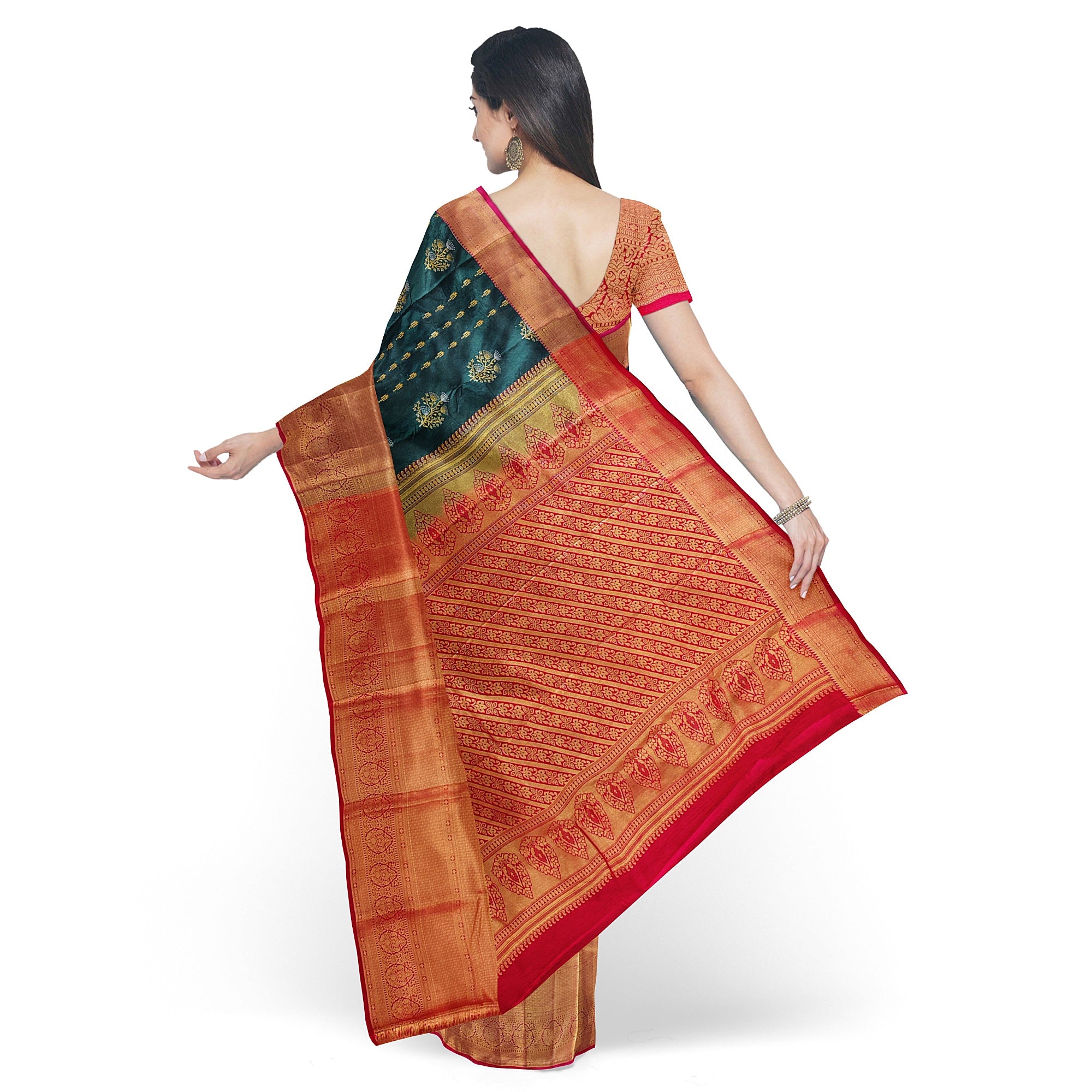 Bottle Green Semi Kanchi Silk Saree with Red Border – Grand Traditional Elegance - New Sudarshan Silks`