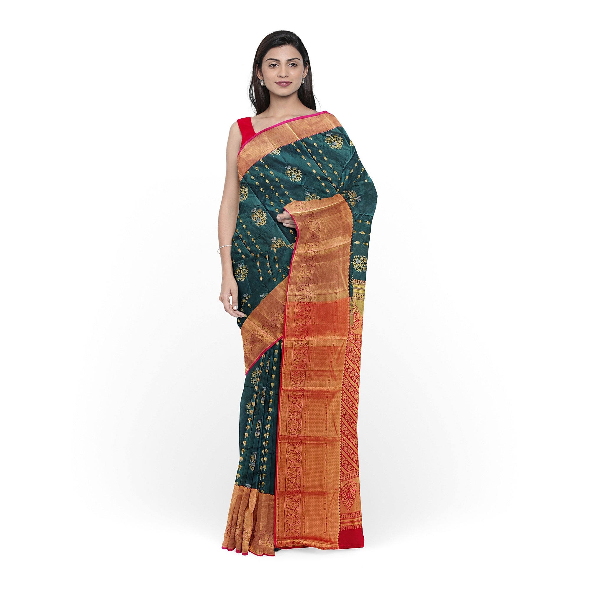 Bottle Green Semi Kanchi Silk Saree with Red Border – Grand Traditional Elegance - New Sudarshan Silks`