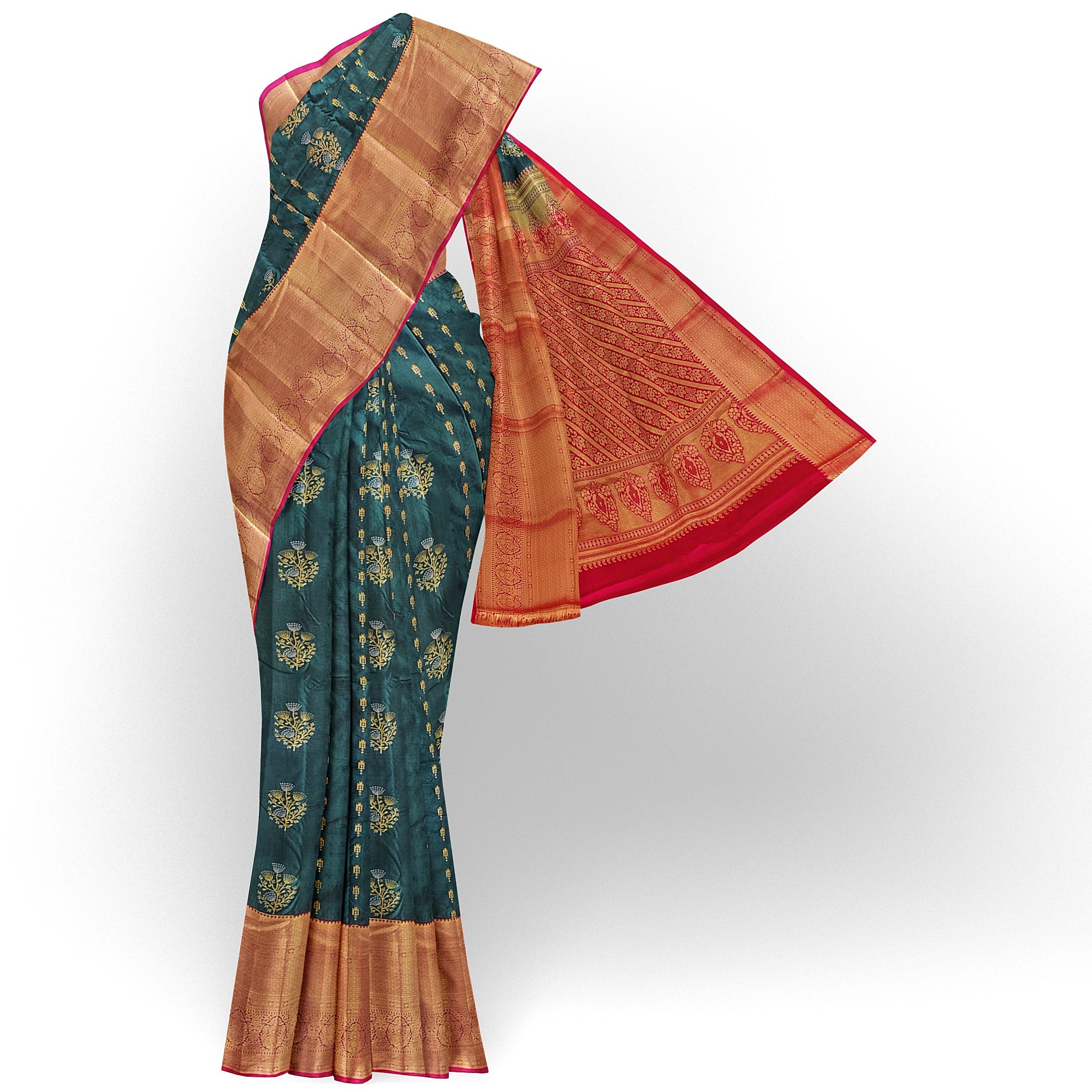 Bottle Green Semi Kanchi Silk Saree with Red Border – Grand Traditional Elegance - New Sudarshan Silks`