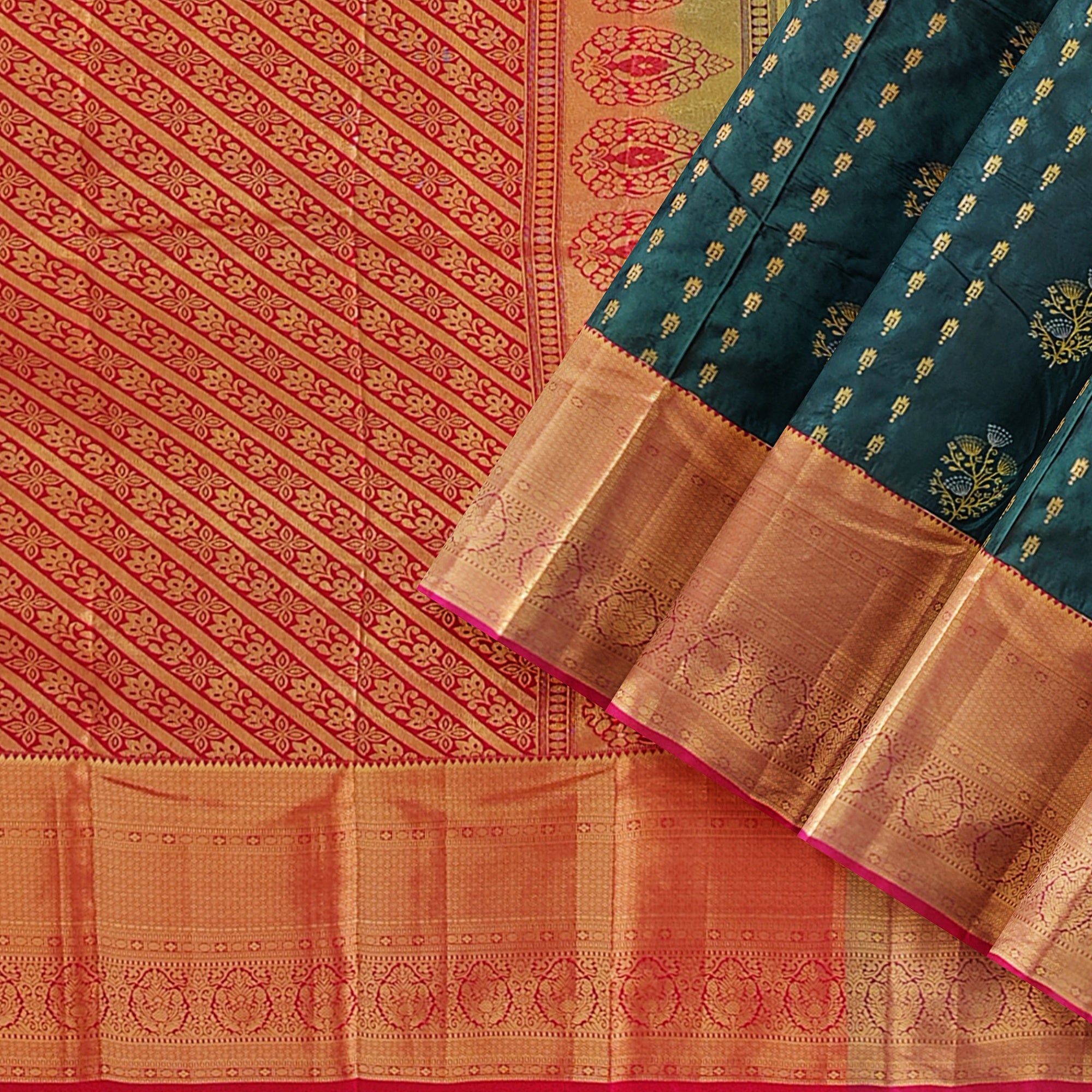 Bottle Green Semi Kanchi Silk Saree with Red Border – Grand Traditional Elegance - New Sudarshan Silks`