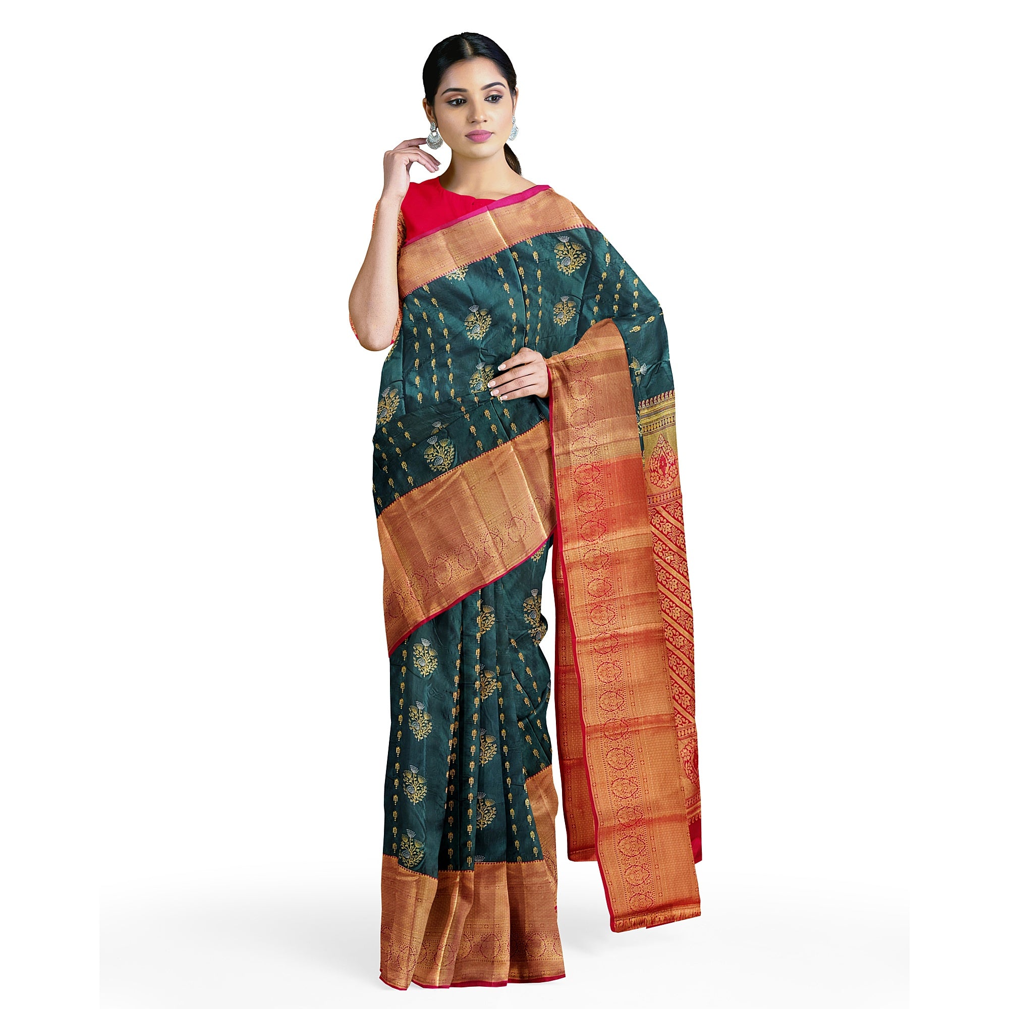 Bottle Green Semi Kanchi Silk Saree with Red Border – Grand Traditional Elegance - New Sudarshan Silks`