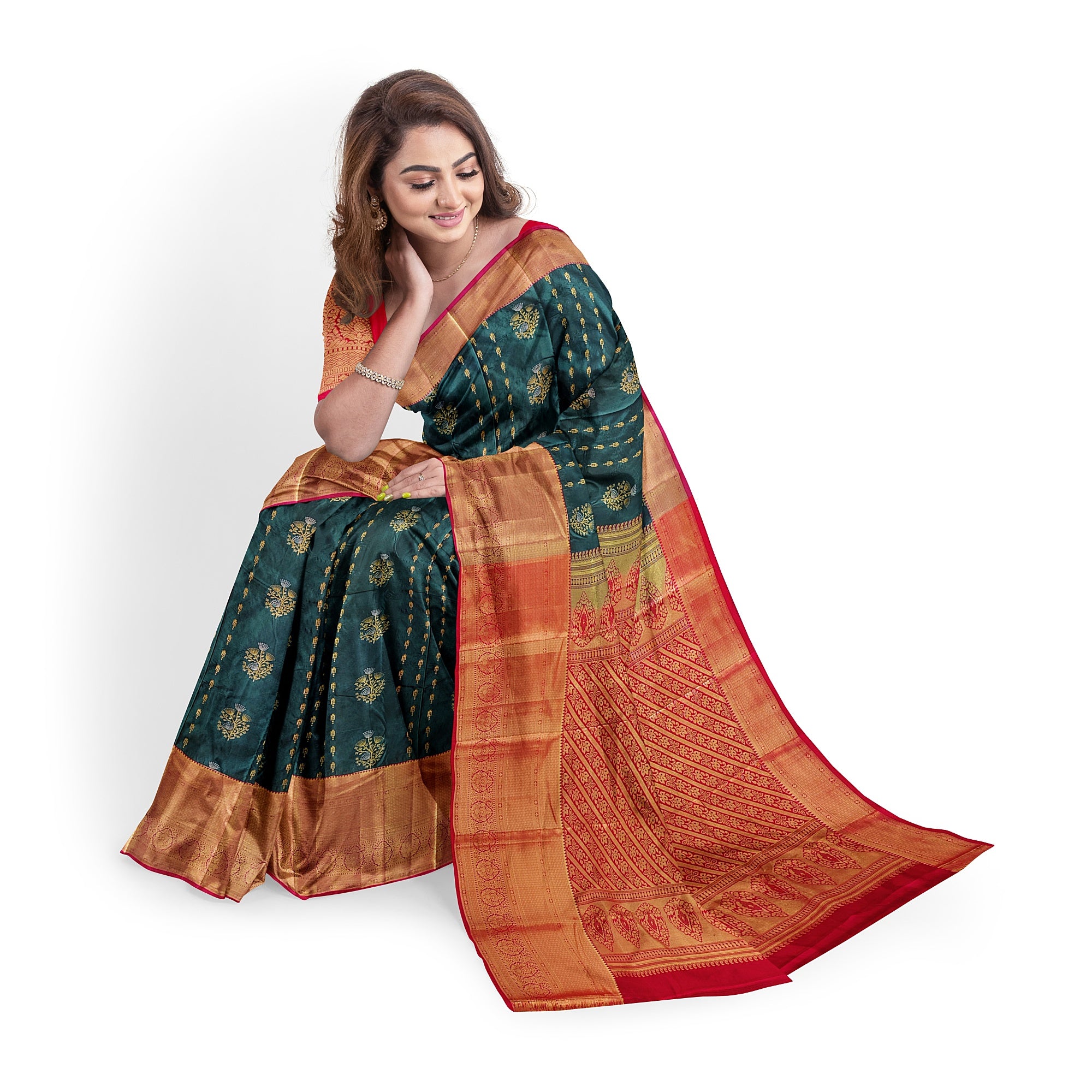 Bottle Green Semi Kanchi Silk Saree with Red Border – Grand Traditional Elegance - New Sudarshan Silks`