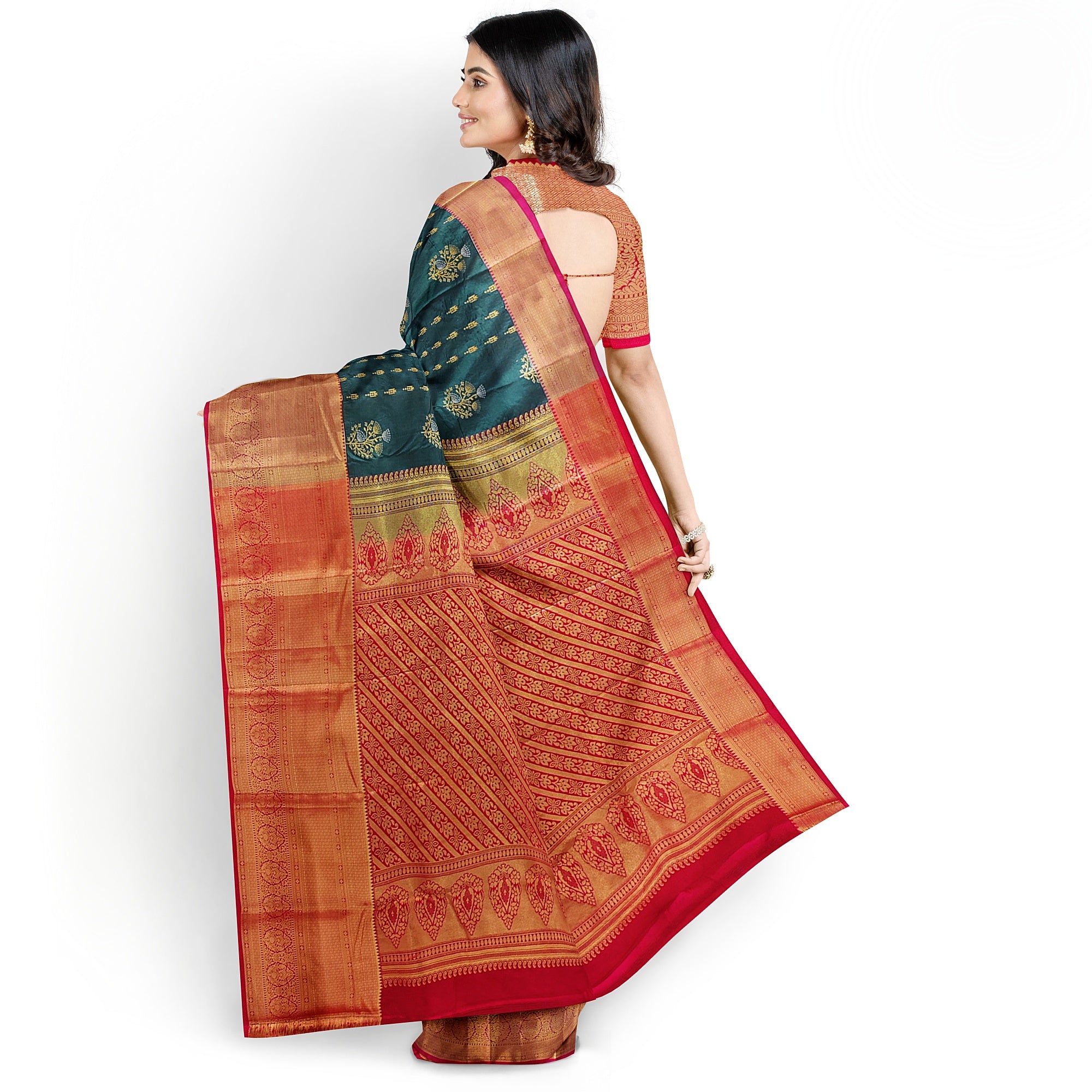 Bottle Green Semi Kanchi Silk Saree with Red Border – Grand Traditional Elegance - New Sudarshan Silks`