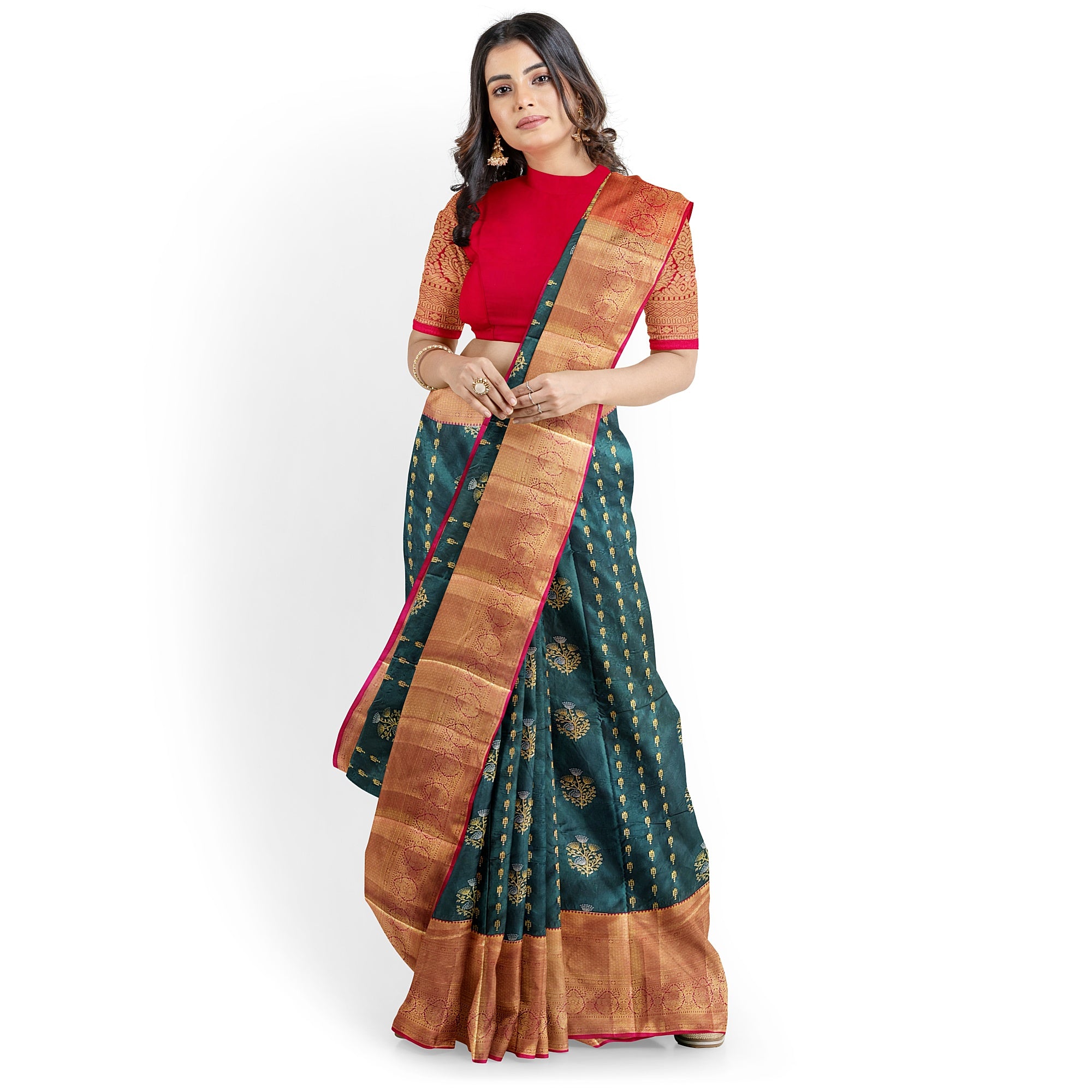 Bottle Green Semi Kanchi Silk Saree with Red Border – Grand Traditional Elegance - New Sudarshan Silks`