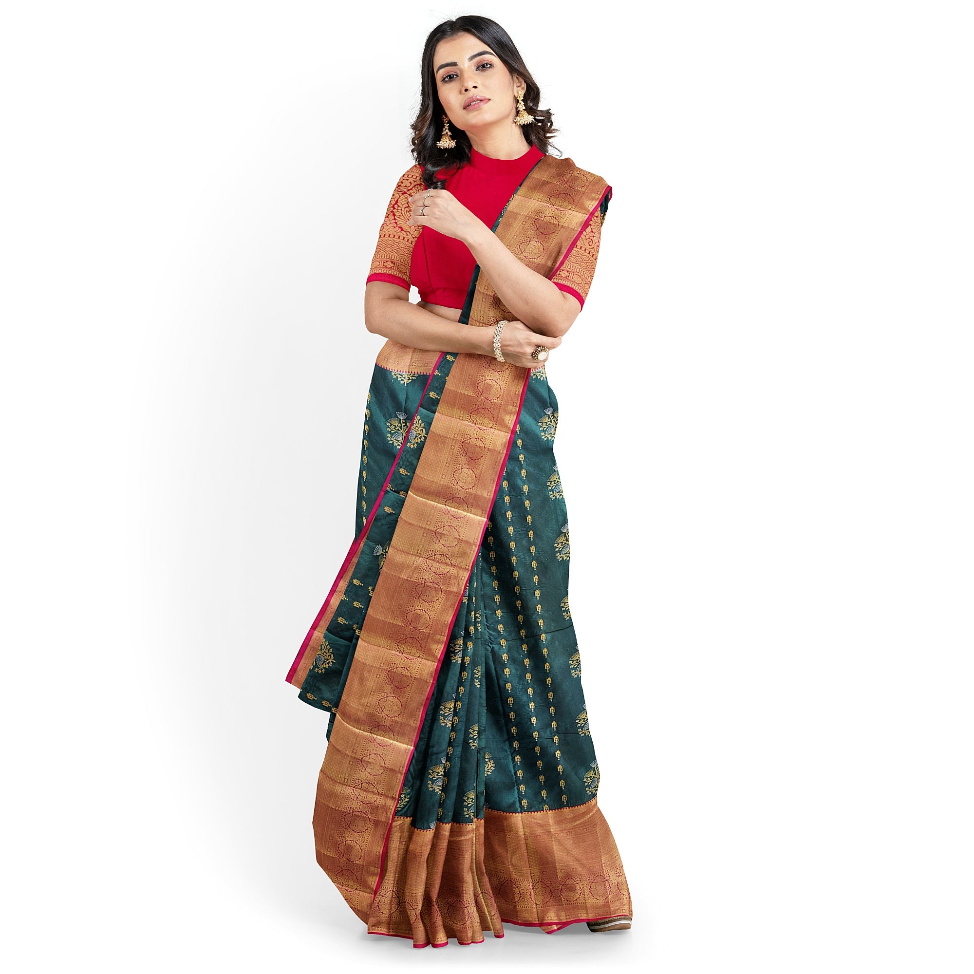 Bottle Green Semi Kanchi Silk Saree with Red Border – Grand Traditional Elegance - New Sudarshan Silks`