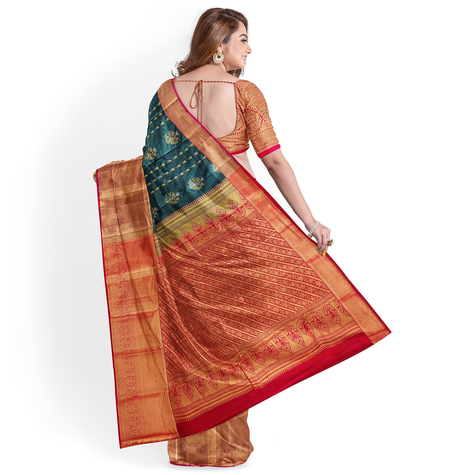 Bottle Green Semi Kanchi Silk Saree with Red Border – Grand Traditional Elegance - New Sudarshan Silks`