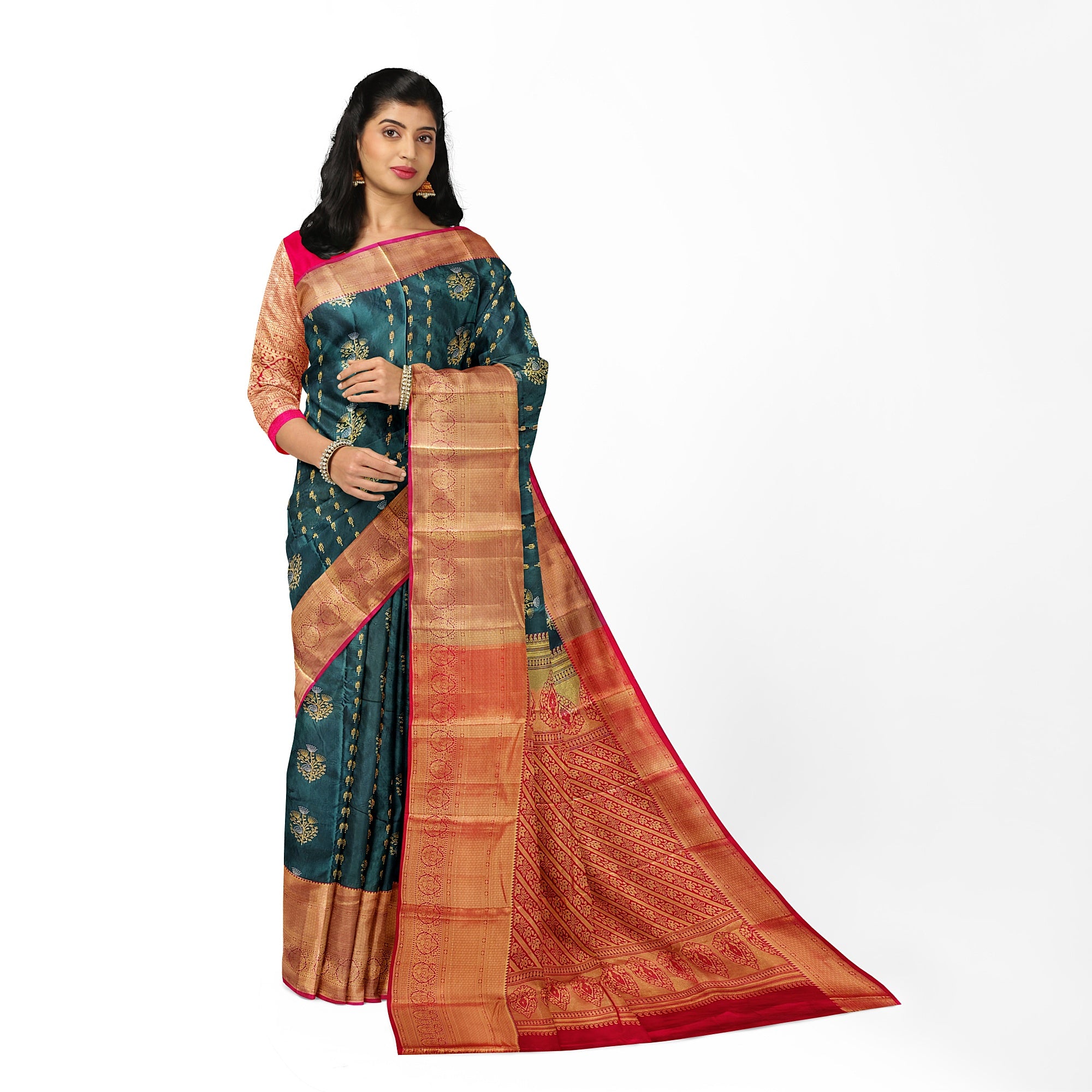 Bottle Green Semi Kanchi Silk Saree with Red Border – Grand Traditional Elegance - New Sudarshan Silks`