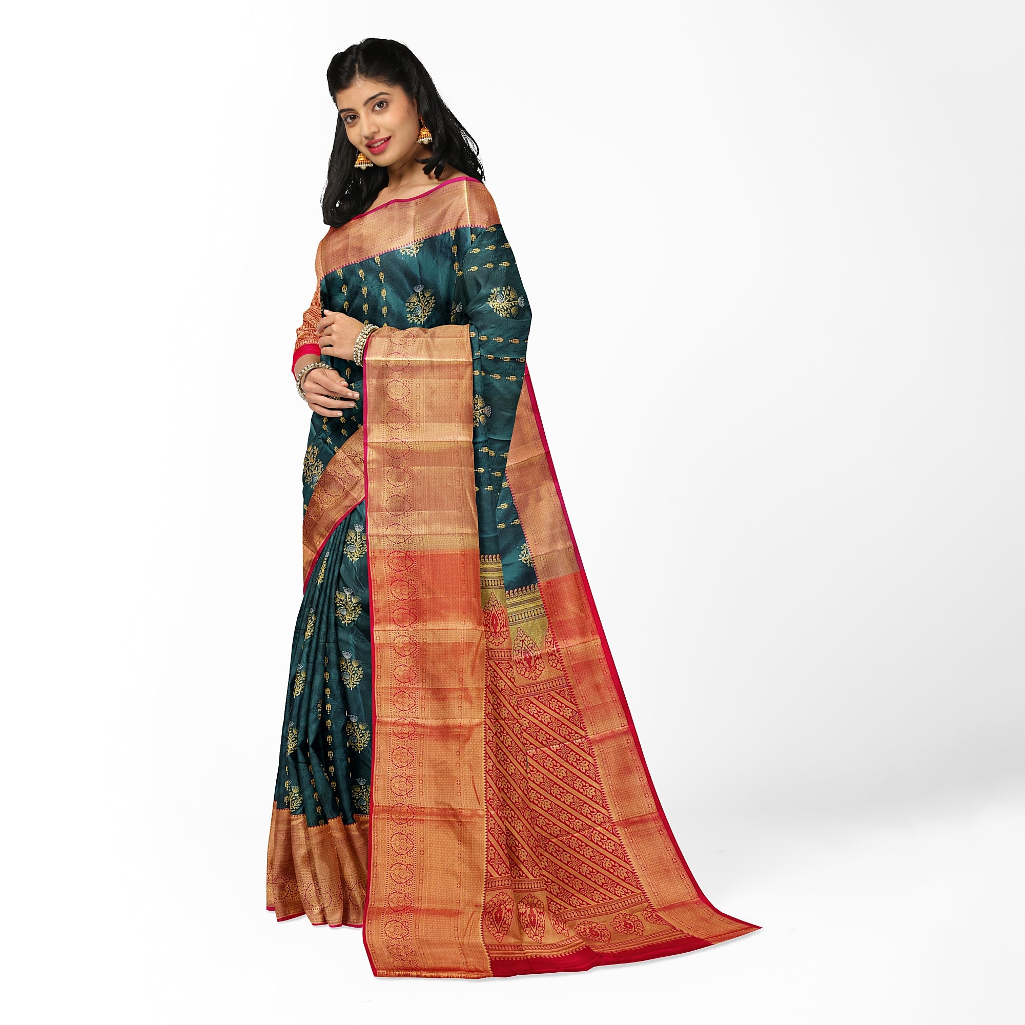 Bottle Green Semi Kanchi Silk Saree with Red Border – Grand Traditional Elegance - New Sudarshan Silks`