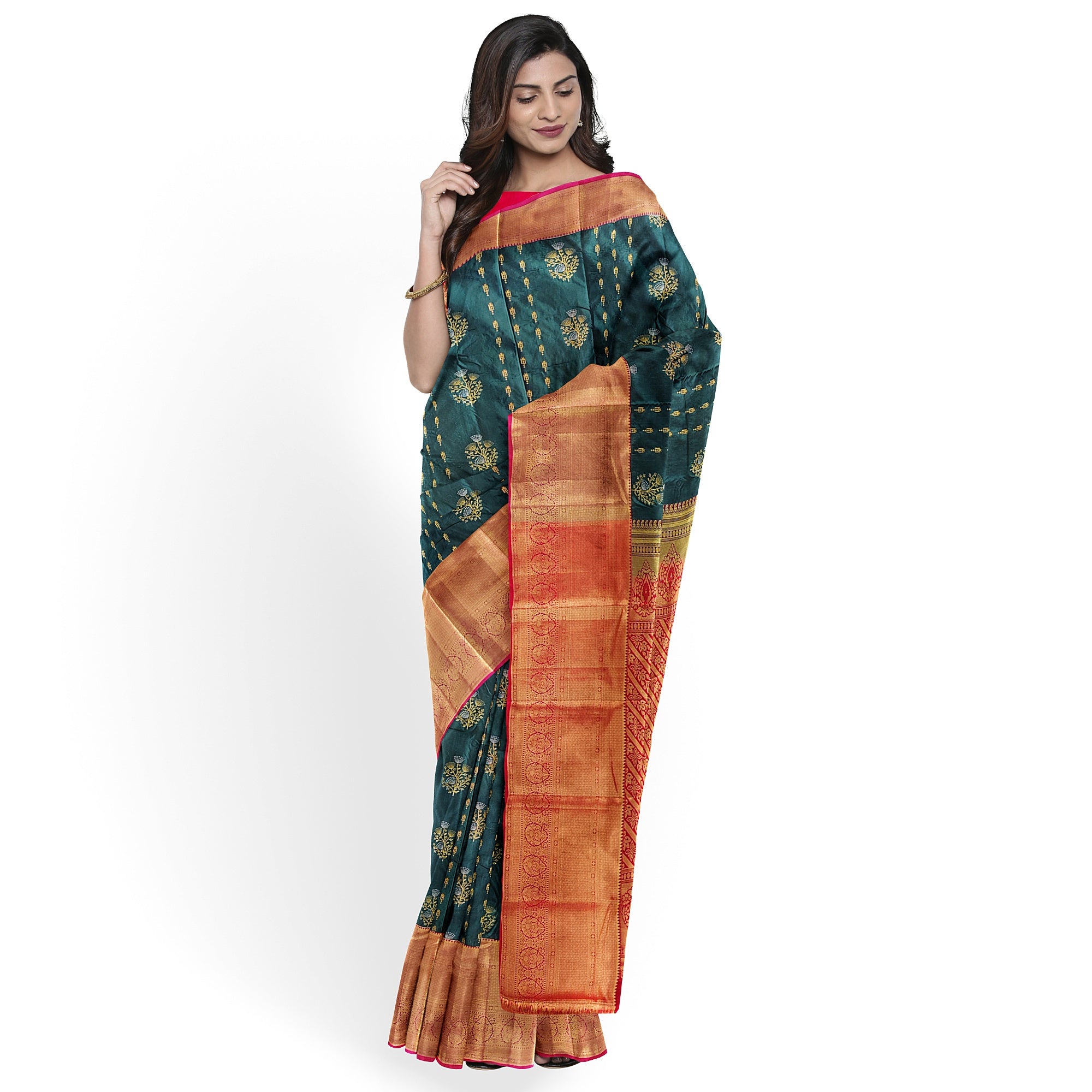 Bottle Green Semi Kanchi Silk Saree with Red Border – Grand Traditional Elegance - New Sudarshan Silks`