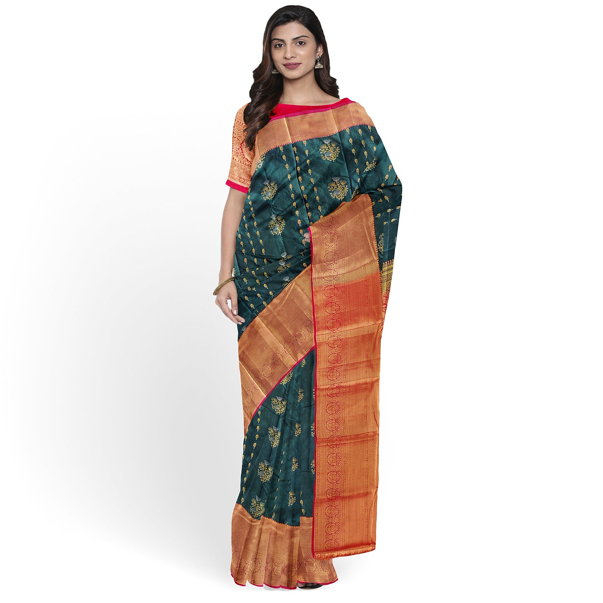 Bottle Green Semi Kanchi Silk Saree with Red Border – Grand Traditional Elegance - New Sudarshan Silks`